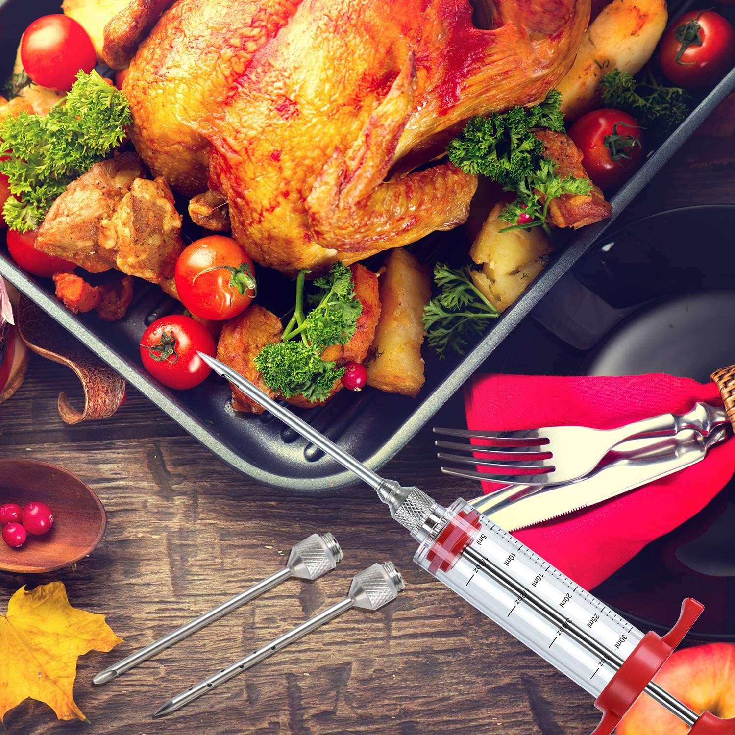 Plastic Meat Injector, Turkey Injector Syringe, Marinade Injector Turkey Injection Kit, Meat Injectors for Smoking, BBQ Grill Injector, Red 1oz (1 Injector 3 Needles) 6