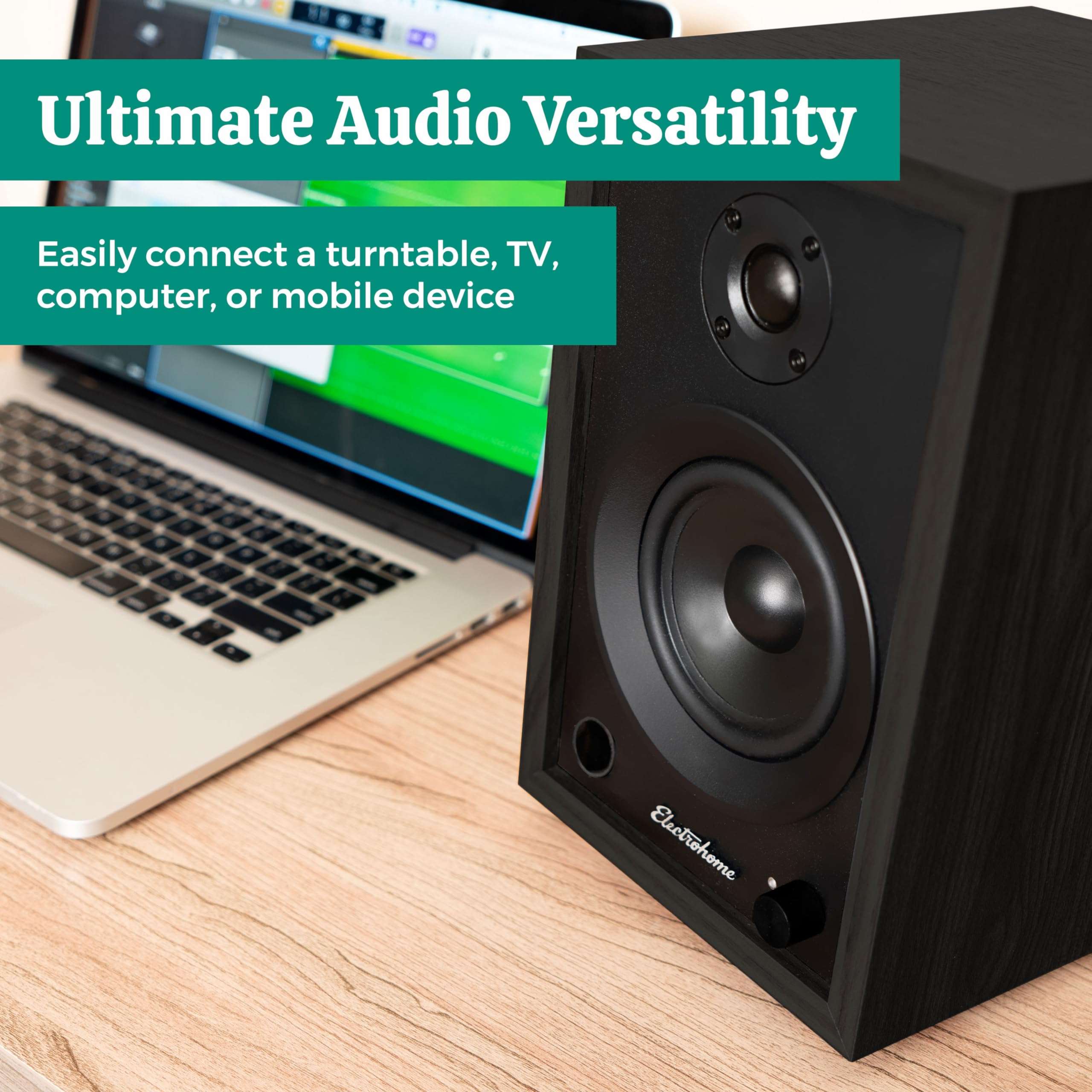 Electrohome McKinley 2.0 Stereo Powered Bookshelf Speakers with Built-in Amplifier and 4" Drivers for Turntable, TV, PC and Wireless Music Streaming Featuring Bluetooth 5, RCA and Aux (EB30B) 3