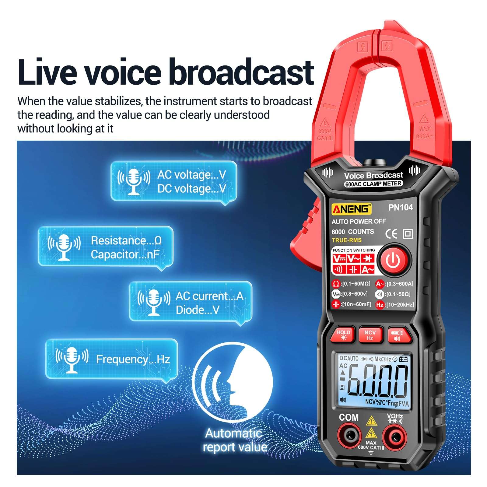 CHENZILIN Smart-Voice Broadcast Multimeter Current Resistance Capacitance-Diode NCV-Hz Duty-Cycle Detect Meter 6000 Counts 5