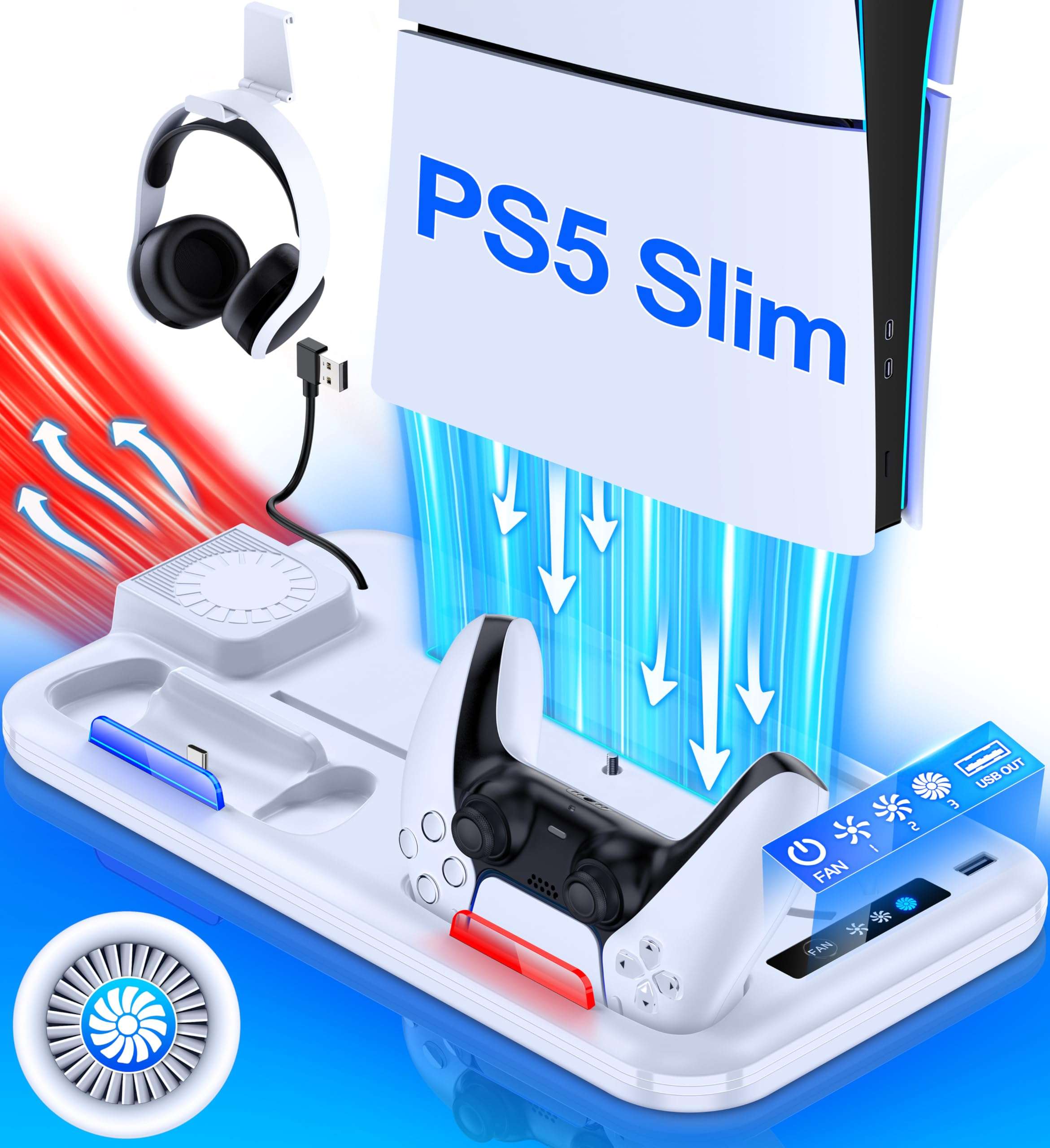 PS5 Slim Stand and Cooling Station with Dual Controller Charging Station for Playsation 5 Slim Disc/Slim Digital Console,PS5 Slim Accessories with 3 Levels Cooling Fan & Headset Holder 1
