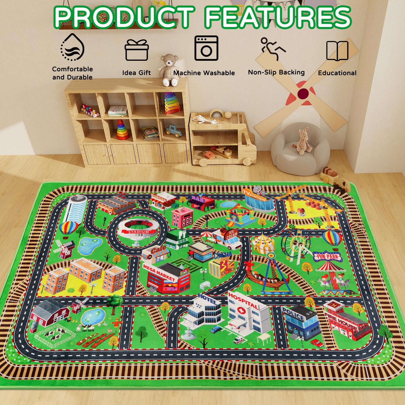 Mfmiudole Kids Rug Play Mat for Toy Cars, City Life 3D Road Traffic 39.4"×59" for Playroom Kid Car Road Rug City Map Play Mat Non-Slip Washable Classroom Carpet for Toddlers BoyTummy Time Playtime 6