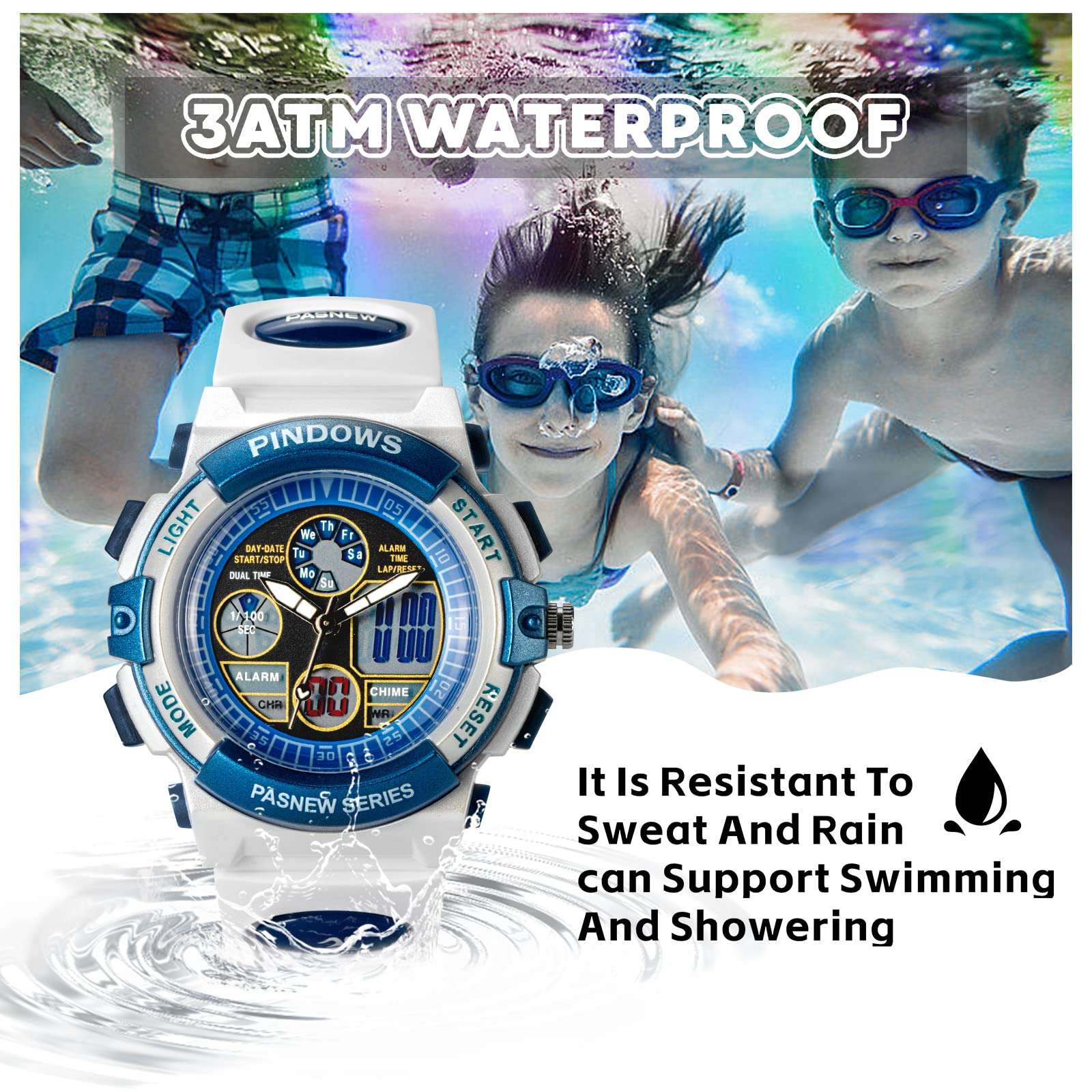 Digital Sport Watch for Boys Girls, Waterproof Sports Outdoor Kids Dual Display Wristwatch with LED Light Alarm Stopwatch (White) 5