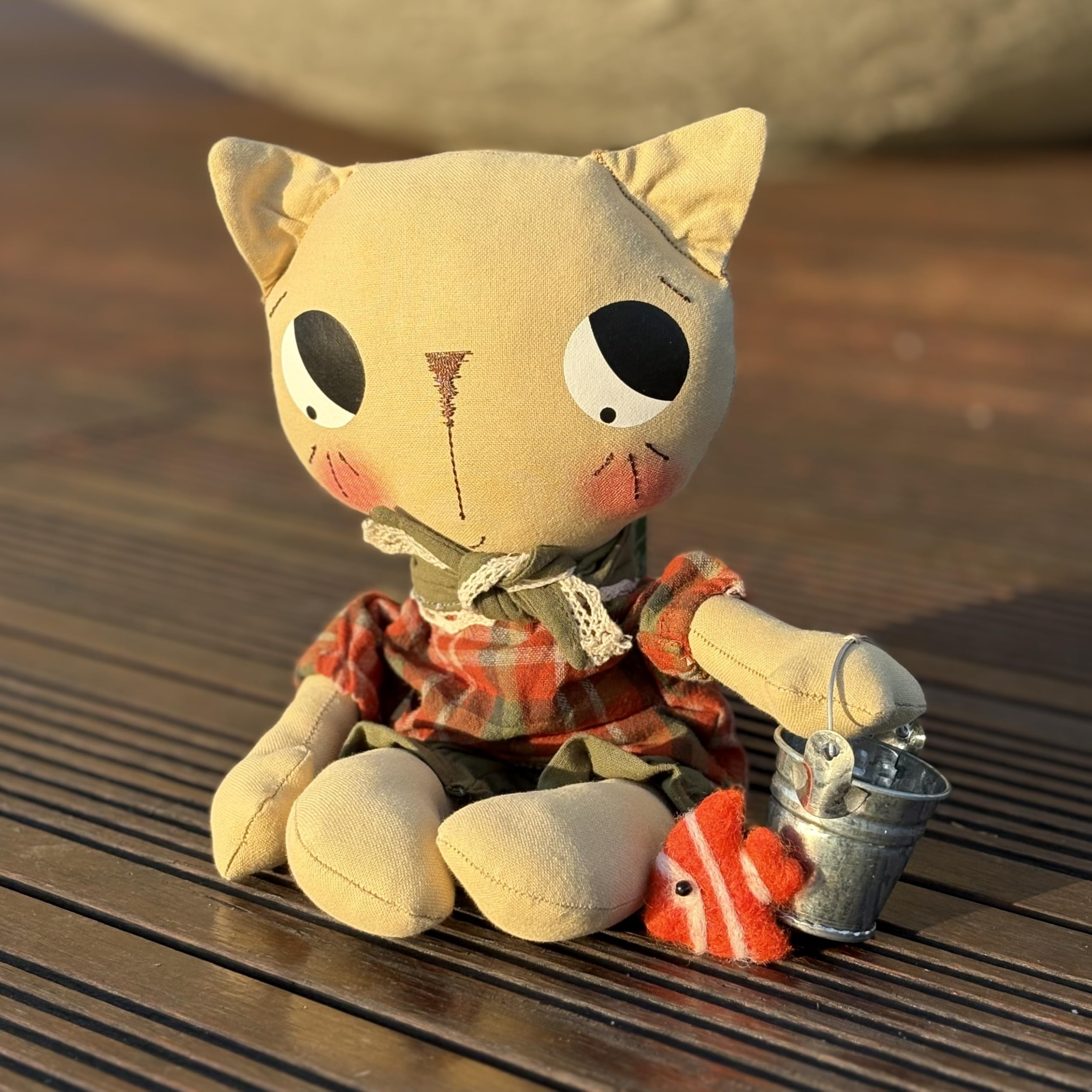 Handmade Beige cat Doll Holding a Bucket Plush, Great Decorative plushie 1