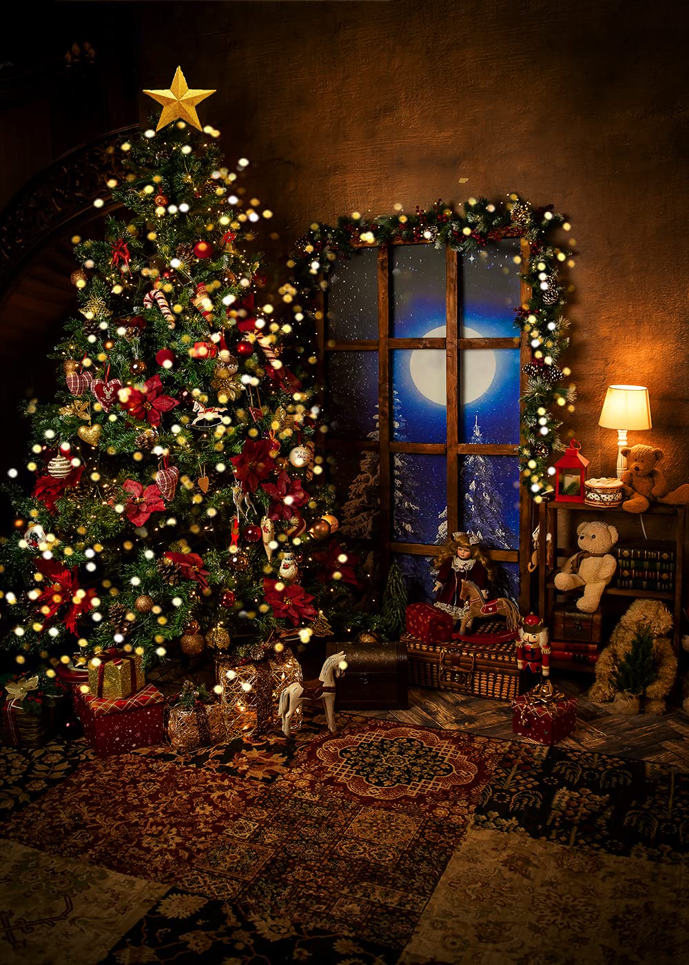 Christmas Backdrop for Photography Vintage Xmas Tree Rustic Wall Window Snow Moon Forest Winter Background Family Holiday Party Decoration Banner Supplies Photo Studio Booth Props 5X7FT CEM250B 4