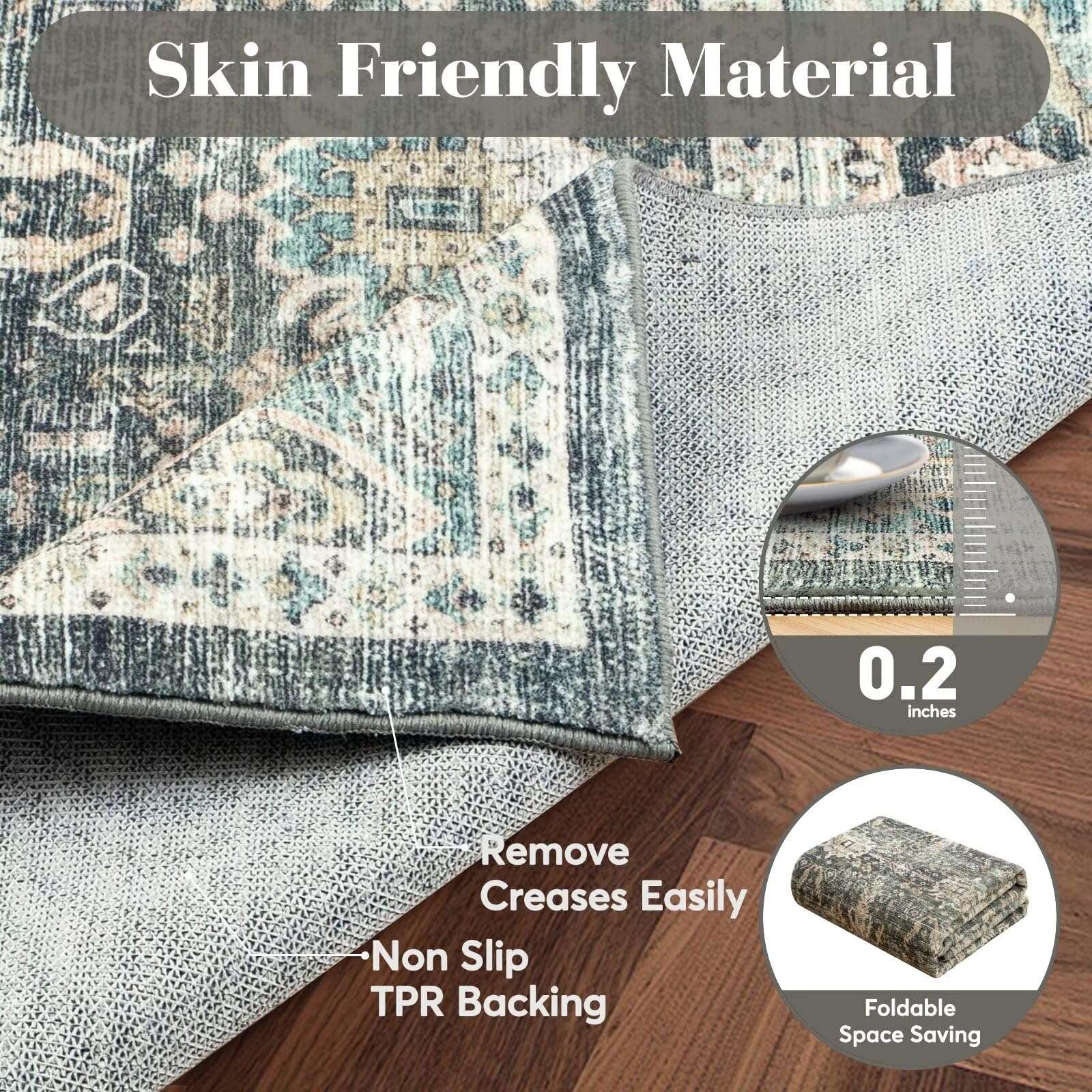 nusoarug 4x6 Boho Area Rug Machine Washable, 4' x 6' Green Soft Non-Slip Area Rugs with Rubber Backing for Bedroom Kitchen Entryway Living Room Bathroom, Faded Green 3