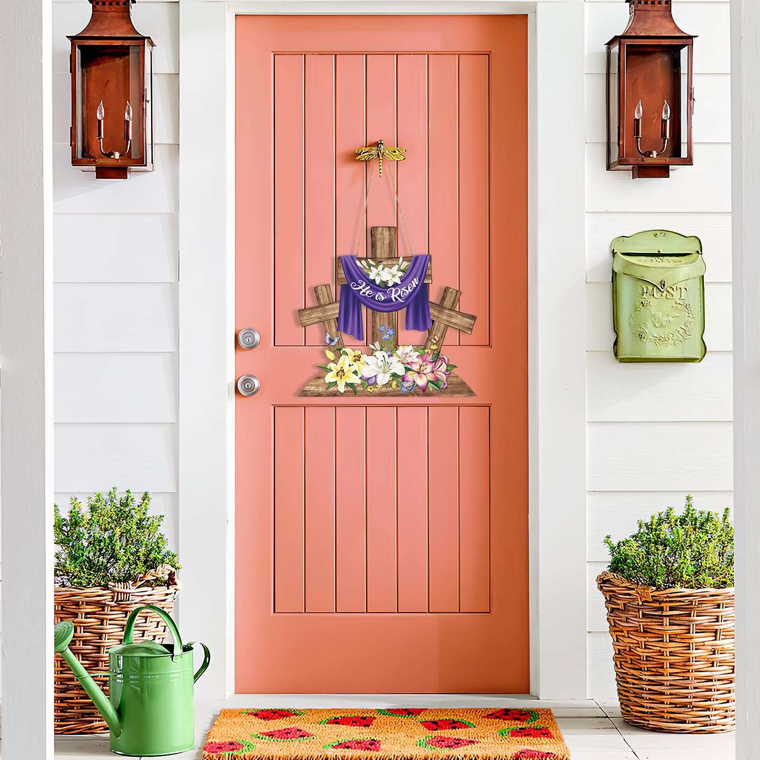 He is Risen Easter Decoration Wood Door Wall Signs, Wooden Wreaths Front Door Sign Cross Sign Christian Jesus Lily Flowers Ornaments Hanging Crafts for Spring Home Farmhouse Party Porch Wall Decor 3