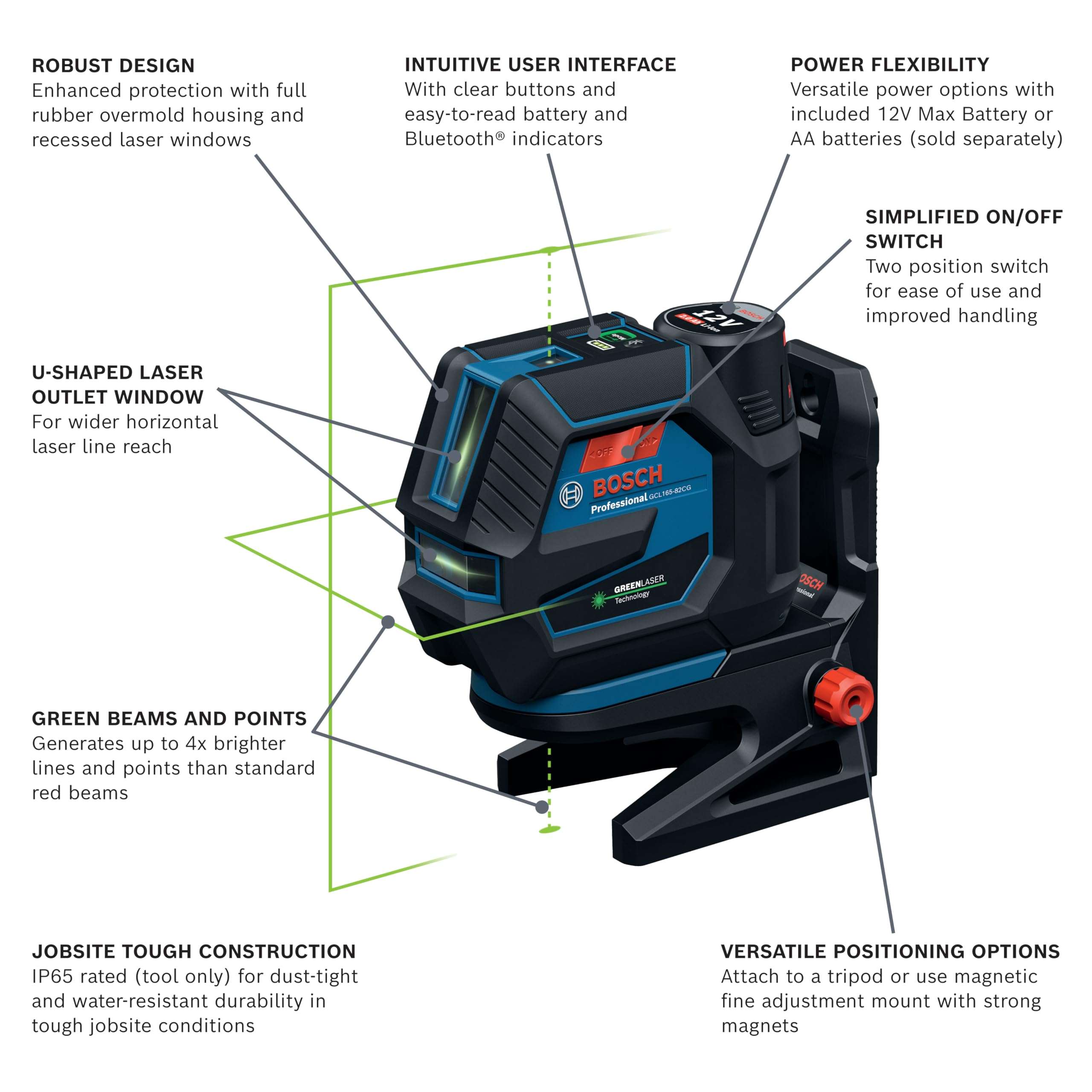 BOSCH GCL165-82CGL 12V Max Connected Green-Beam Cross-Line Laser with Plumb Points, Bluetooth, IP65 Durability, 125 Ft Range, VisiMax Technology, Includes 12V Battery & Charger and Magnetic Mount 3
