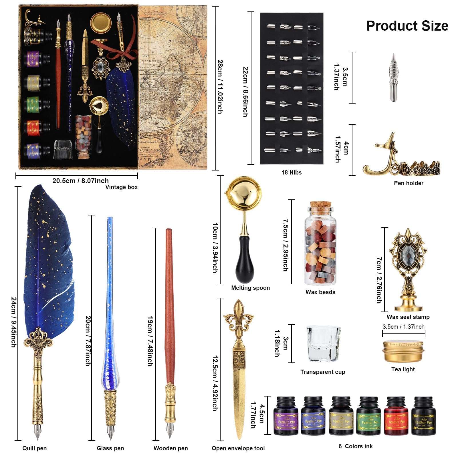 Antique Calligraphy Feather Pen Quill Pen and Ink Set for Beginners, Glass Dip Pen Wooden Dip Calligraphy Pen for Writing, Drawing, Signature, Wedding, Birthday, Blue 3