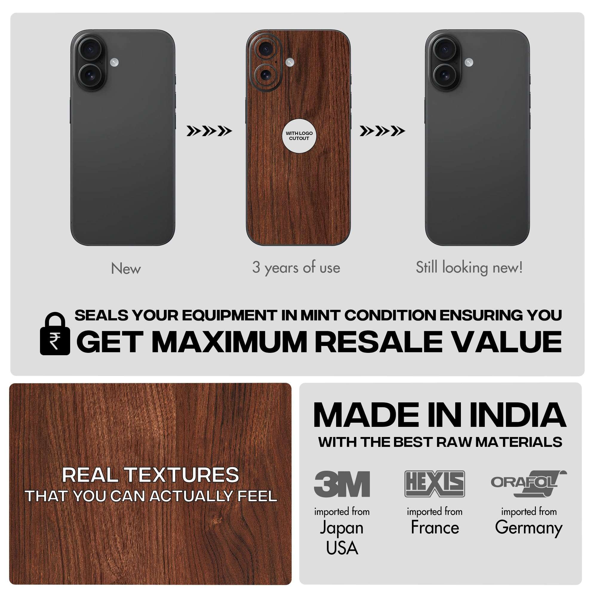 Capes India Mobile Phone Skins Compatible with Apple iPhone 16 | Not a Cover/Case | Protective Film Vinyl Sticker (Walnut, Full Body Skin) 6