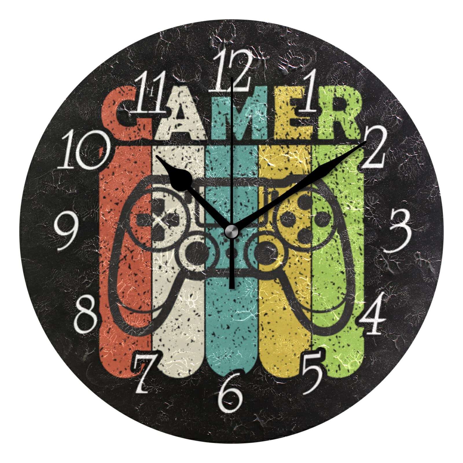 Colorful Joystick Vintage Gamepad with Slogan Gamer on Dark Wall Clock, Silent Non-Ticking Easy to Read Round Decorative Wall Clock with Black Hands for Home Office School 9.5" in Diameter 1