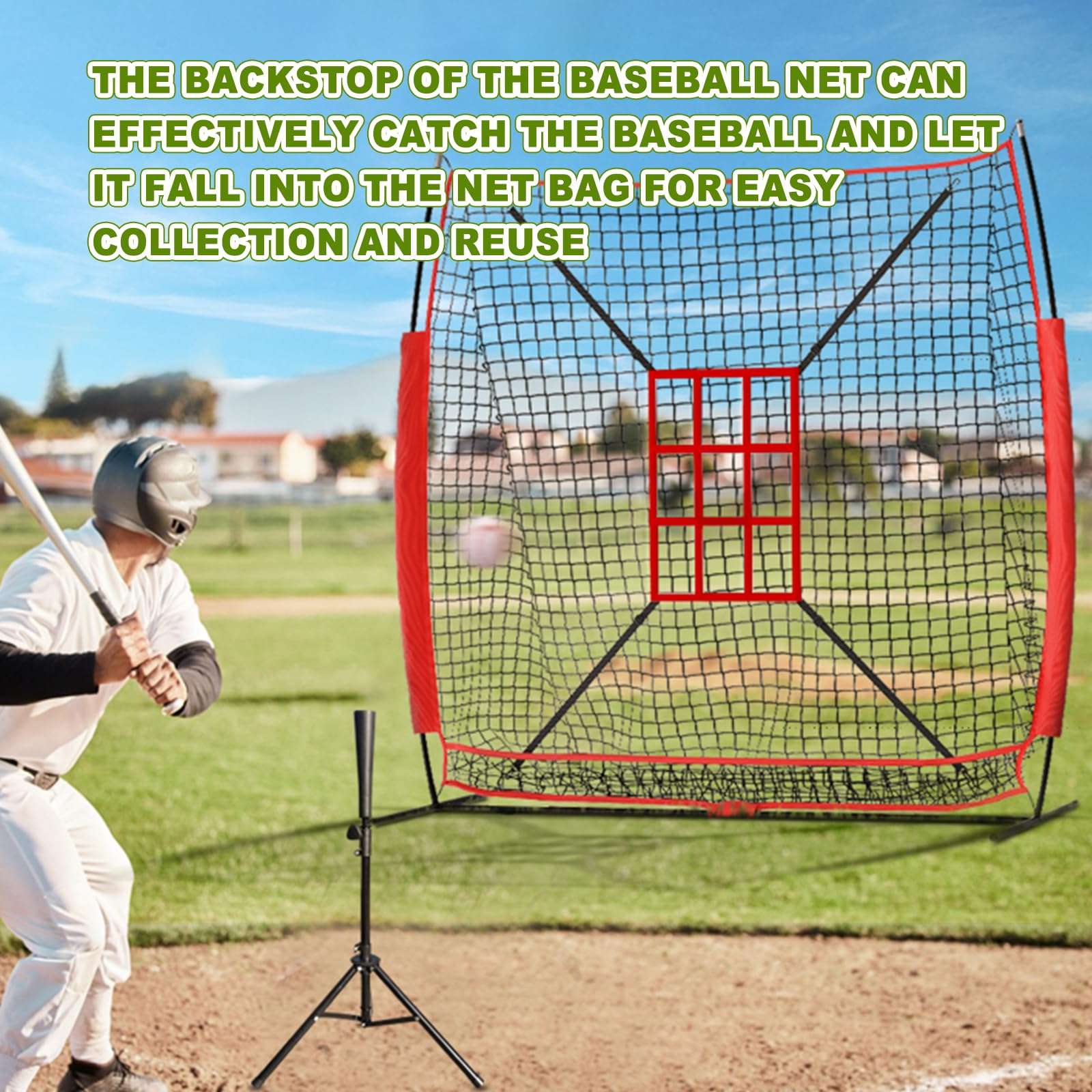 Vaolvpant 7x7 Ft Baseball & Softball Practice Hitting & Pitching Net with Strike Zone and Carry Bag Easy Installation Portable Baseball Pitching Net for Indoor/Outdoor Use with Tee 6