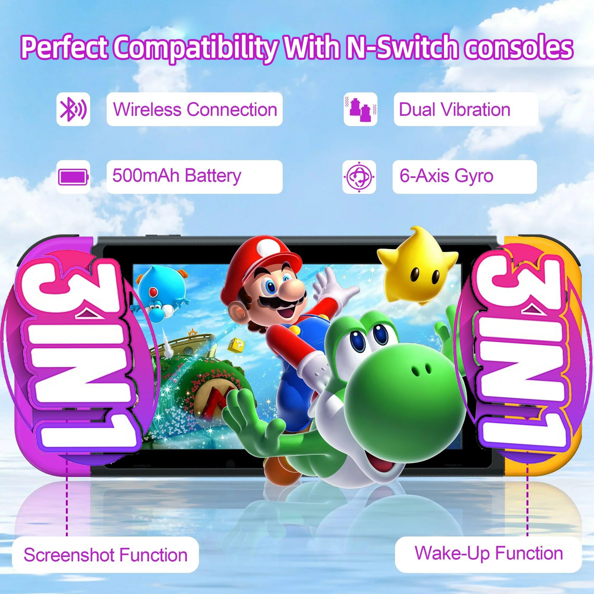 Play+ For Switch/Controller Purple / Orange, Wireless Joypads & Wrist Straps, Compatible with N-Switch/Lite/OLED, Gamepad with Dual Vibration/6 Axis Gyro/Motion Sensor/Wake-up/Screenshot, Includes Protective Case & Joystick Caps. 4