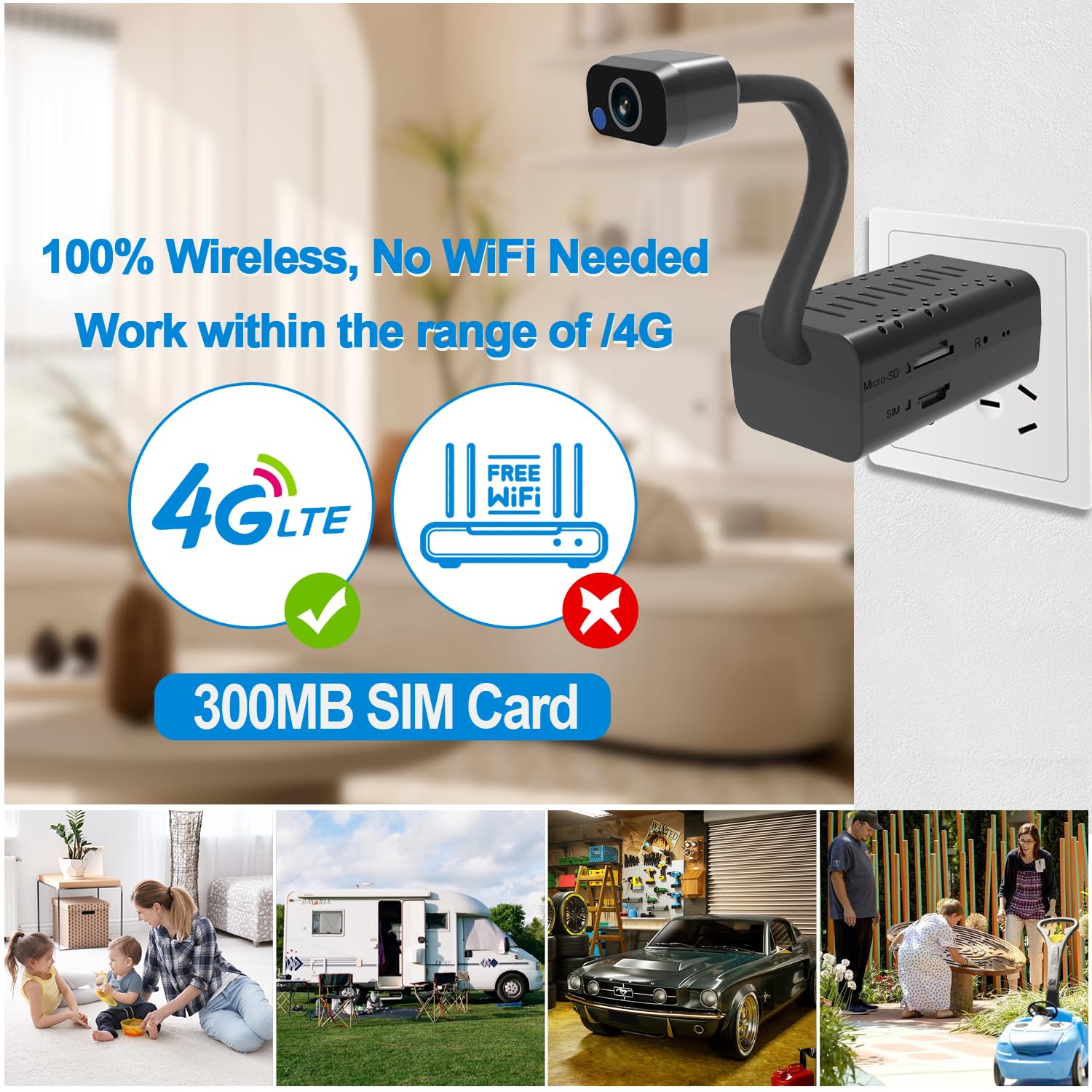 Smallest 4G USB Camera with 300M SIM Card,No Wi-Fi Needed,HD1080P Wireless WiFi 4G Portable Camera Motion Alert with App Live Streaming,Motion Detection,Night Vision,Cloud Storage for iOS/Android APP 4