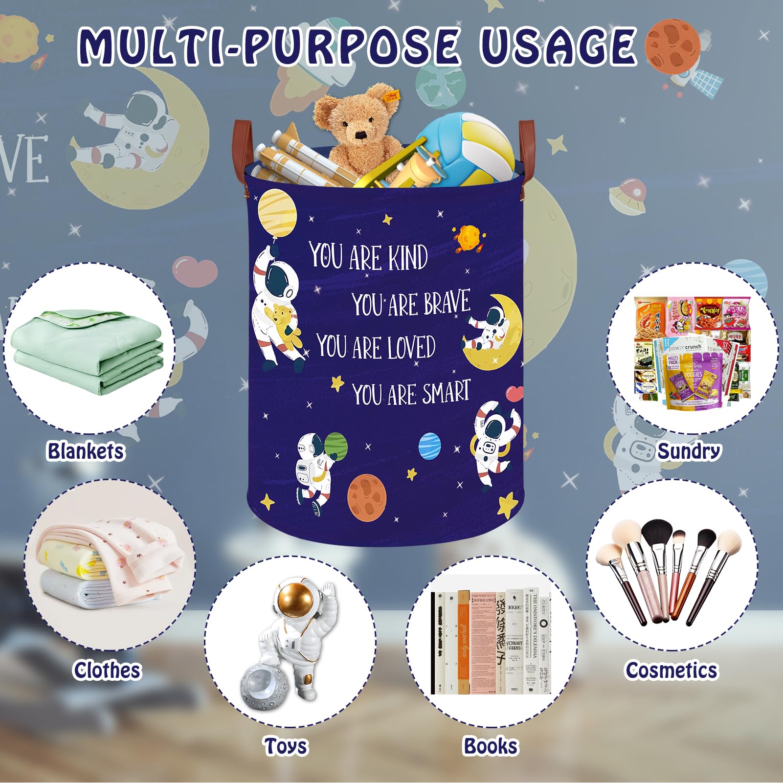 Space Room Decor Kid Storage Box,Boys Astronaut Planets Stars Kids Laundry Basket Organizer Toy Box Bin, Outer Space Blue Laundry Hamper for Baby Bedroom Classroom Nursery Round (Space-Astronaut) 5
