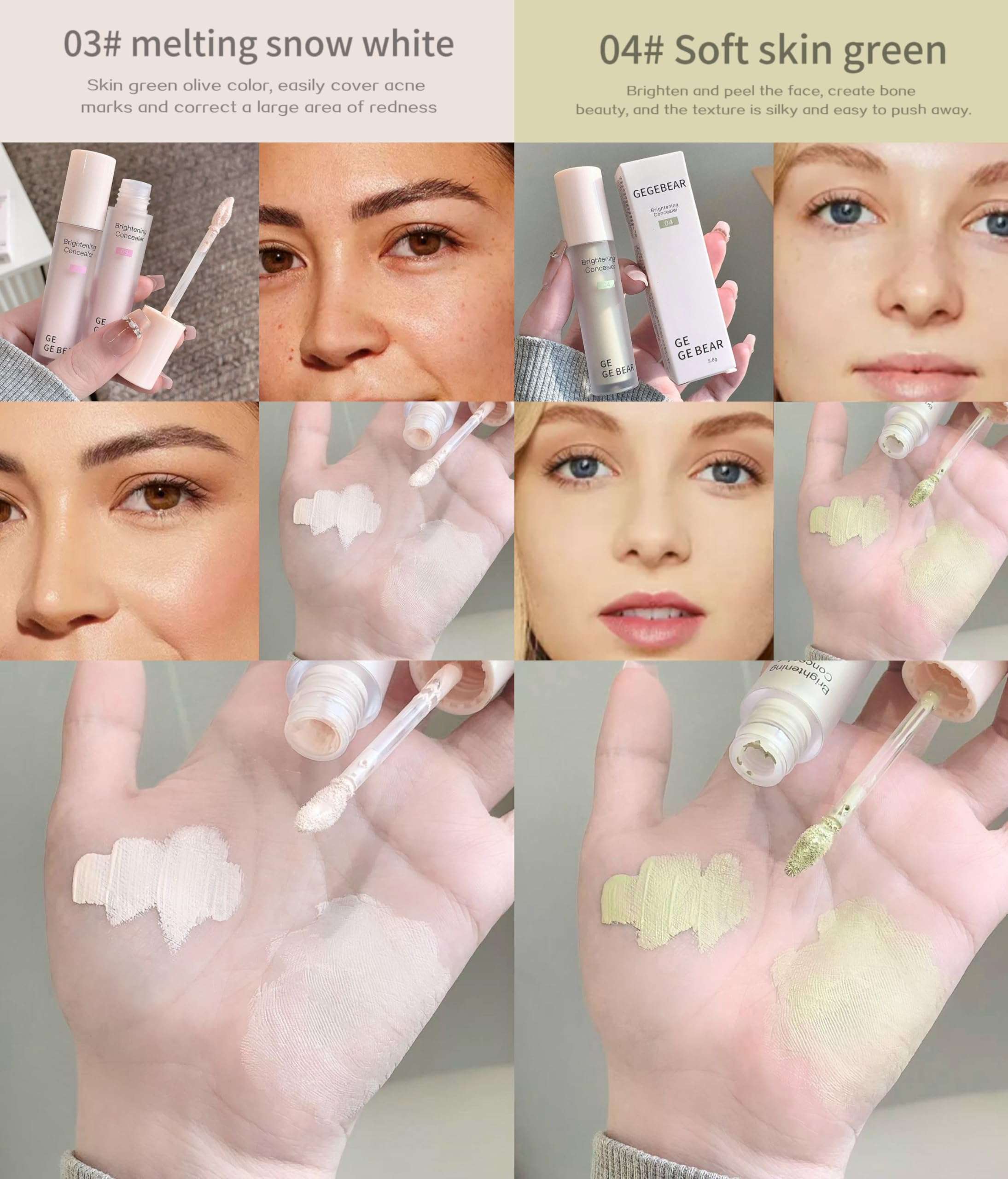 Gege Bear Concealer for Women | Age Rewind Concealer for Dark Circles & Blemishes | High Coverage face makeup | Mousse Texture with Natural Glow | Color Correcting Shades | Liquid Brightening | Waterproof & Sweatproof | Flawless Finish With Brush Applicator (03# Snow White, 3.8g) 5