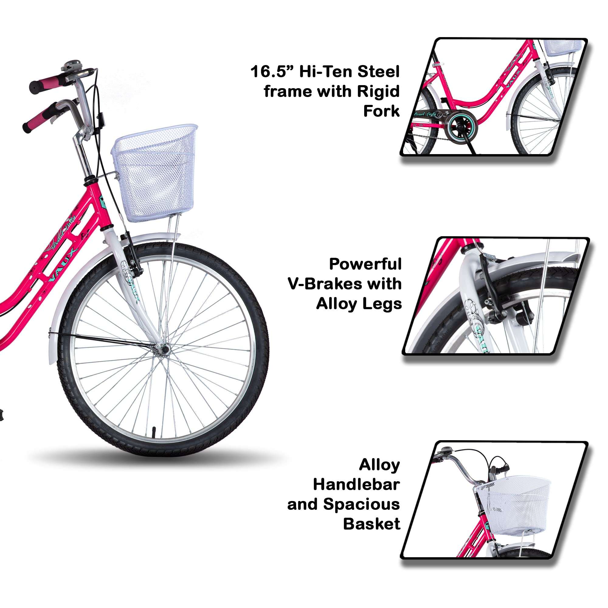 Vaux Pearl Lady Women Bicycle for an Age Group of 12+ Years with Heavyduty Carrier and Basket, Light Weight 26 inch Ladies Cycle with Alloy Rims,Powerful V-Brakes and Ralson Tyres(White-Pink) 6