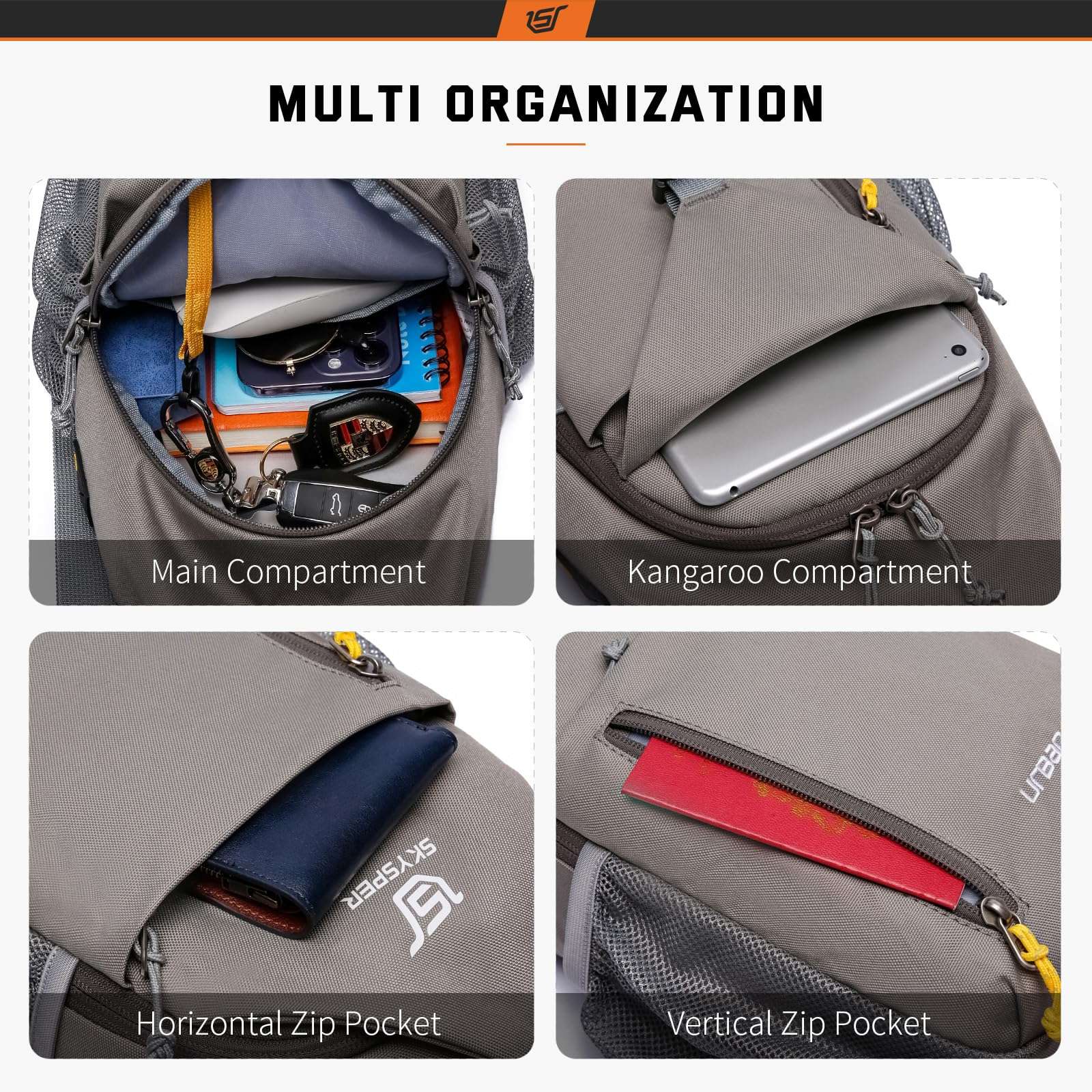 SKYSPER Sling Bag Crossbody Backpack - Chest Shoulder Cross Body Bag Travel Hiking Casual Daypack for Women Men(Khakigrey) 3