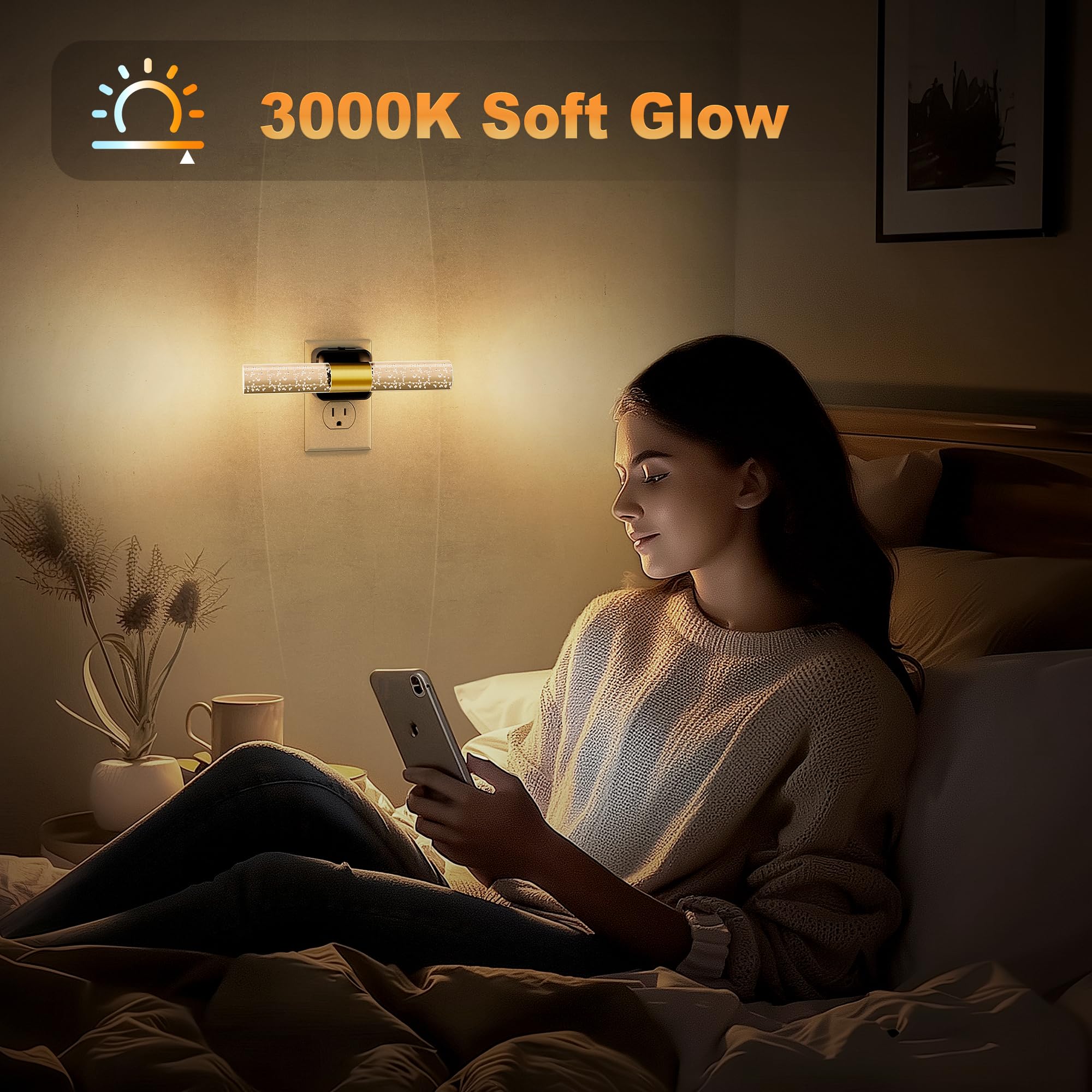 JandCase 180° Rotating Night Lights Plug into Wall, 2 Pack 3000K Soft Light LED NightLights, 0-100LM Adjustable Brightness, Plug in Night Light with Auto Light Sensor,for Bathroom,Hallway,Bedroom 6