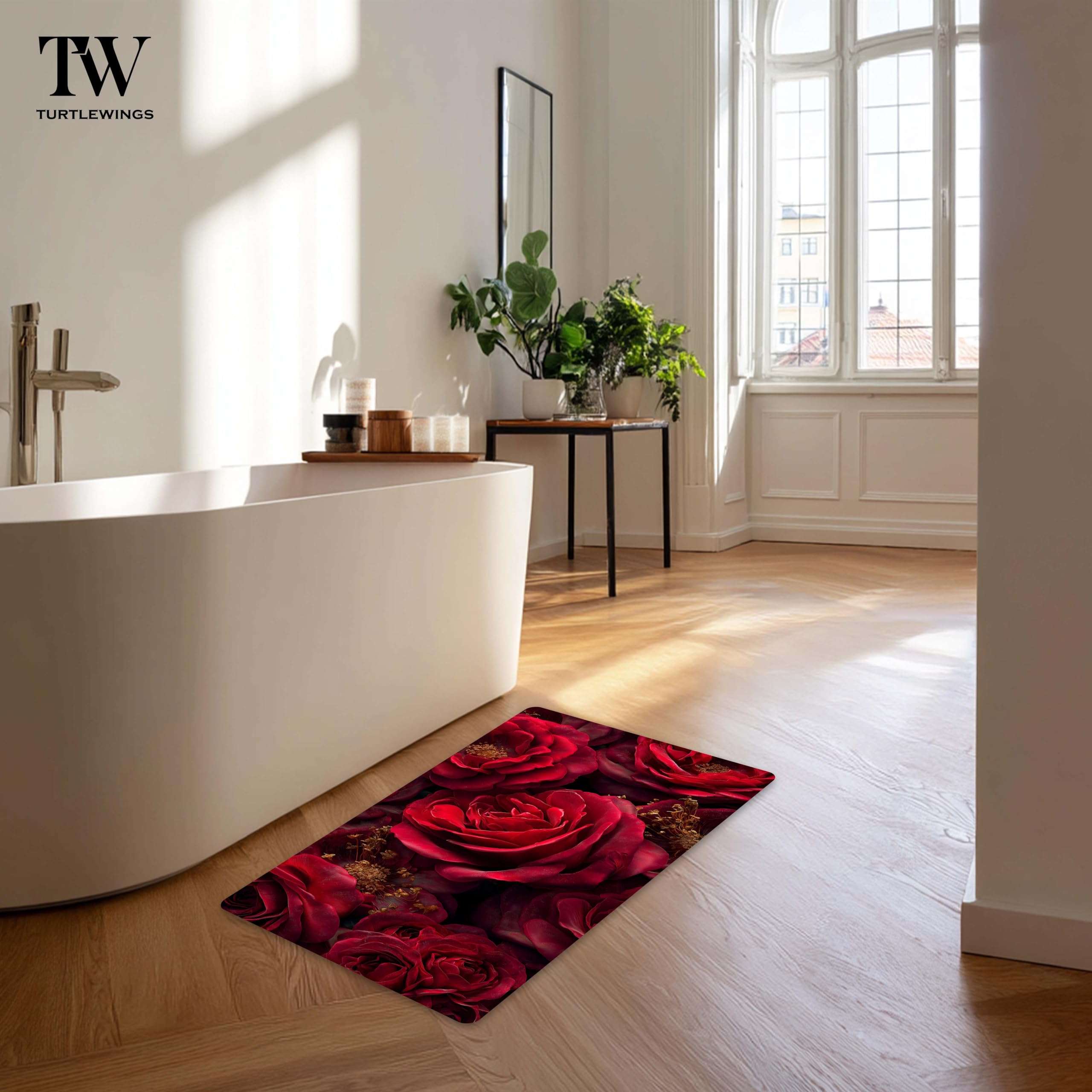 Floor Mat – Quick Dry Diatomite Absorbent Rug | Anti-Slip Soft Rubber Base Doormat for Bathroom, Bedroom, Kitchen & Entryway | Carpet Bathroom Floor Mat (80×40 cm – 3D Illusion Deep Red Rose Design) 4