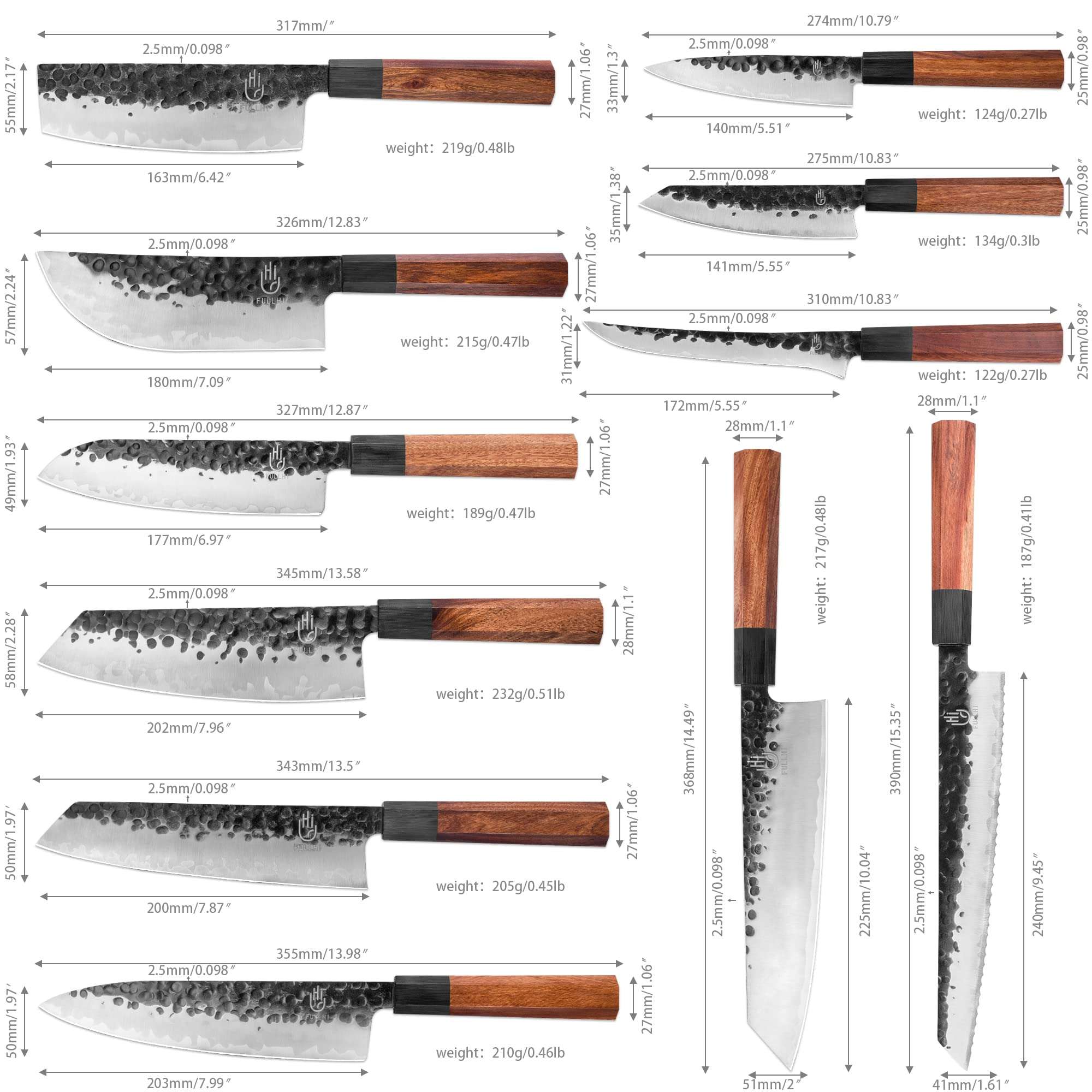 FULLHI 18pcs Gyuto Chef Knife set & Magnetic Knife Block Holder, 3 Layers 9CR18MOV High Carbon Meat Sushi Knife Rosewood Handle with knife bag 4