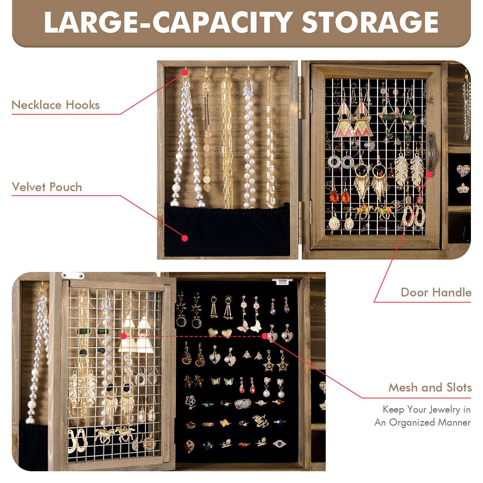 Sunix Rustic Wooden Jewelry Organizer Wall Mounted Holder with Removable Bracelet Rod and Hooks for Necklaces Earrings Bracelets Rings 3