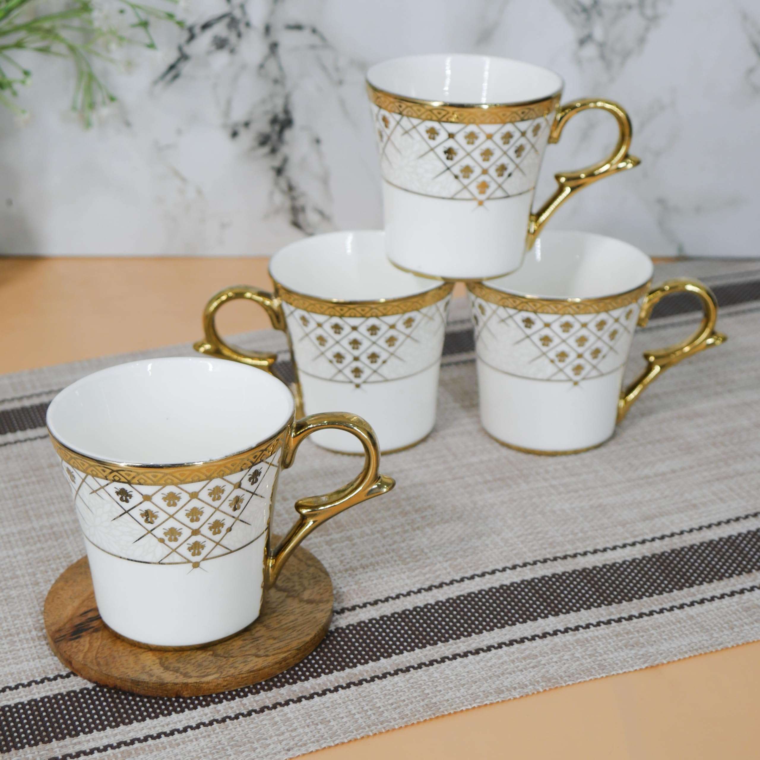 Femora Premium Golden Rajasthani Mandana Design Ceramic Coffee & Tea Cup Set of 4, 160 ML 4