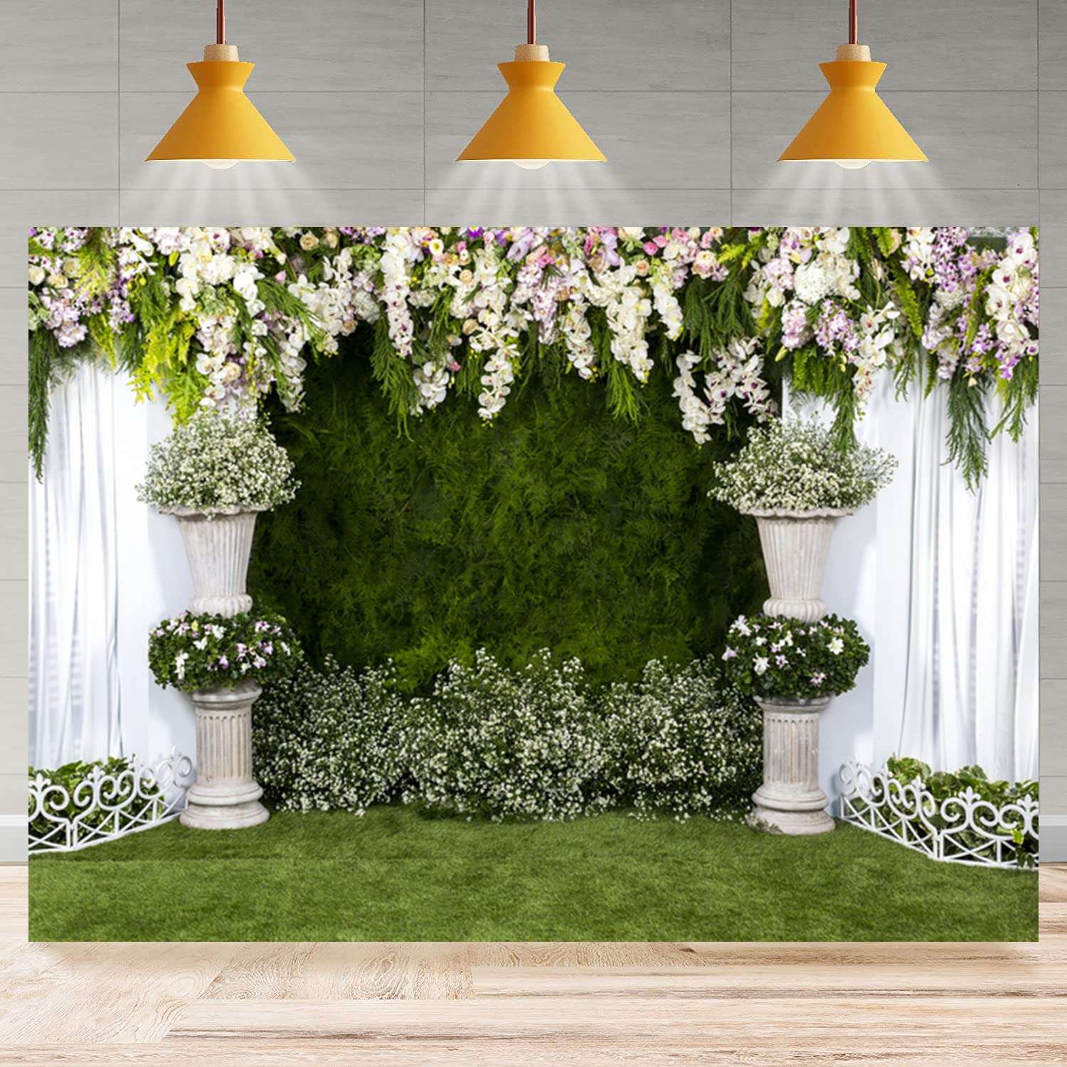 JASREE Vinyl 10x8ft Arch Wedding Flowers Backdrop Photography Background Stone Planter Flowers White Curtain Green Ivy Wall Decoration Outdoos Ceremony Green Grassfield Backdrop 4
