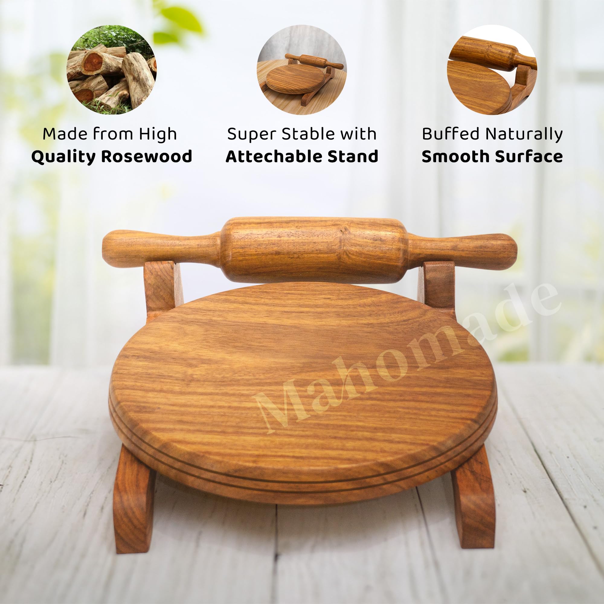 Wooden Chakla Belan with Stand | Rolling Pin & Board Set | Sheesham Wood | Chapati Maker | Roti Maker | Chakla 10 in & Belan 12 in (Chakla belan with Stand) 4