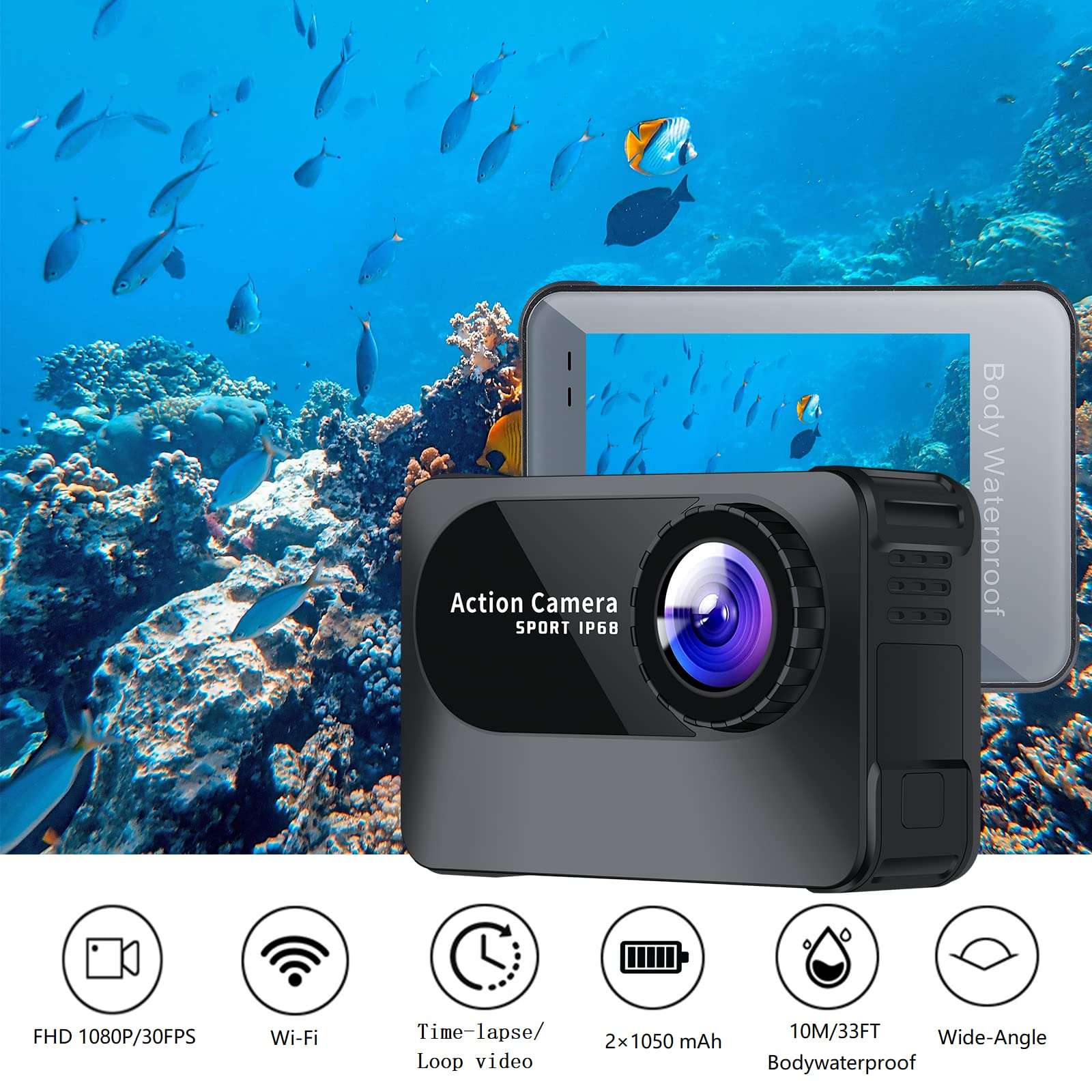 Drumstone H32 4K 1080 Action Camera, Dual 2 Inch LCD Screen 16 MP Image Sensor 170 Wide-Angle Lens Sports Camera 4