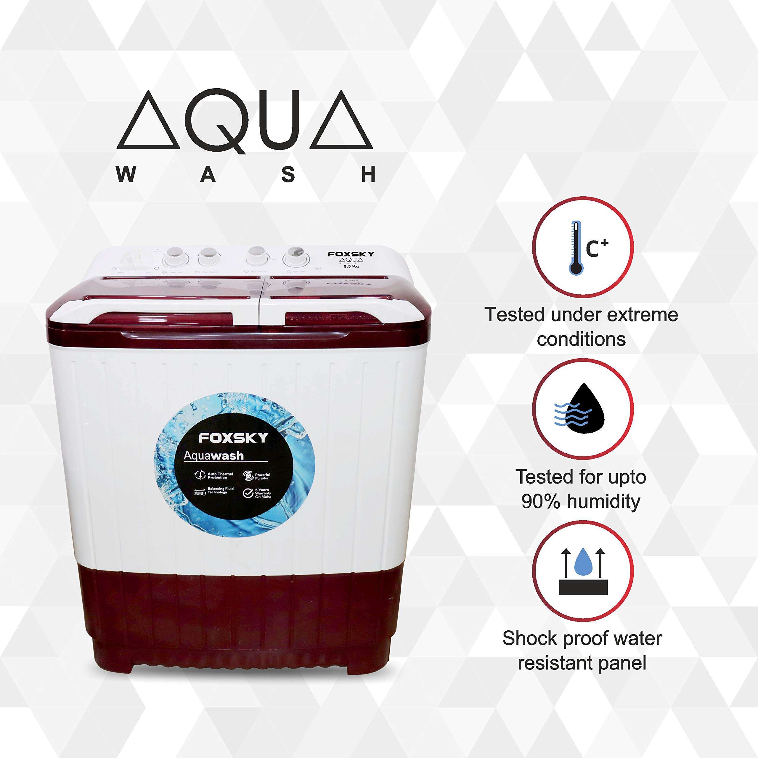 Foxsky 9.5 kg Semi-Automatic Top Loading Washing Machine (FOXSKY AQUA WASH 9.5 KG, MAROON) 5