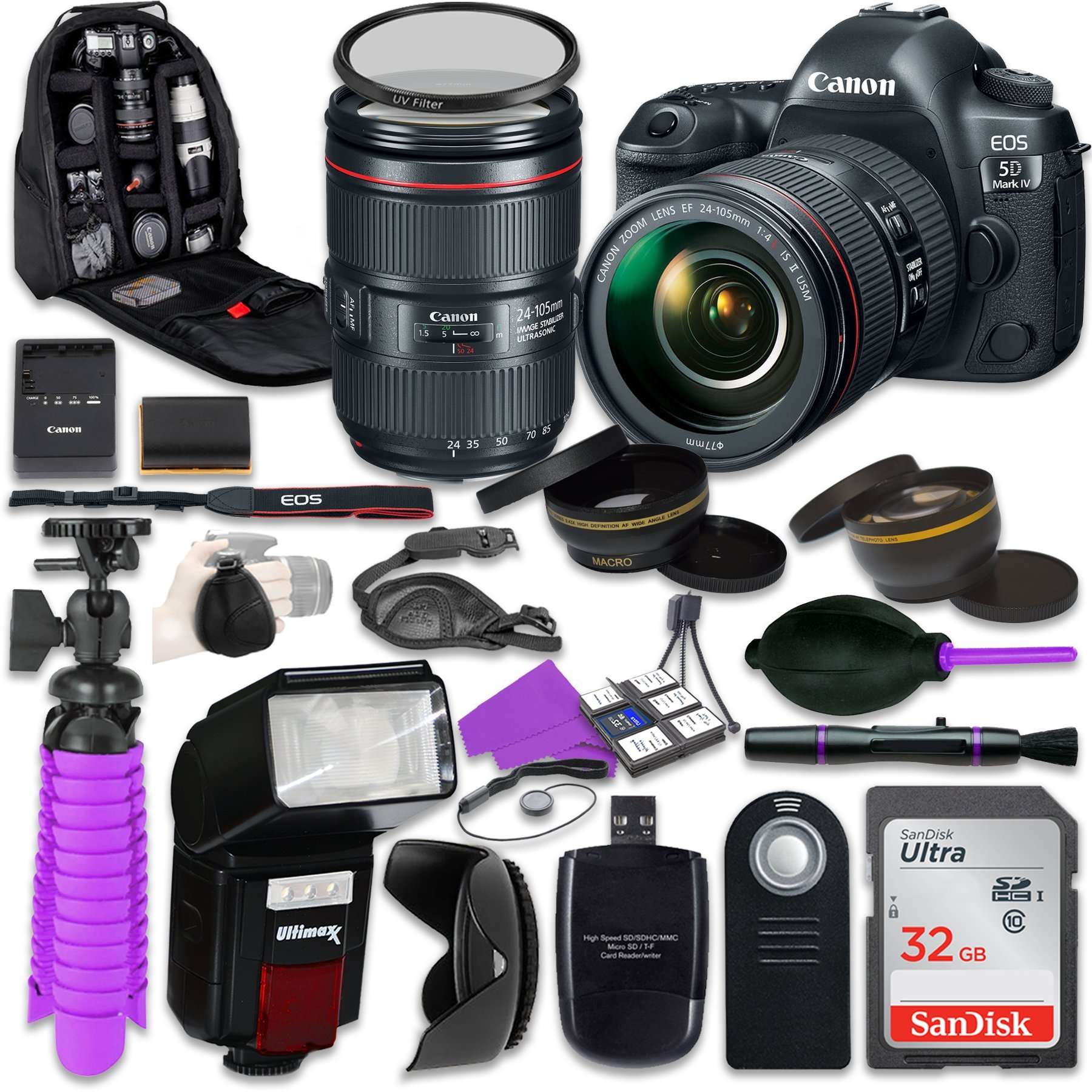 Canon 5D Mark IV DSLR Camera with Canon EF 24-105mm f/4L is II Lens, Auxiliary Panoramic and Telephoto Lenses, 32GB Memory + Bundle 1