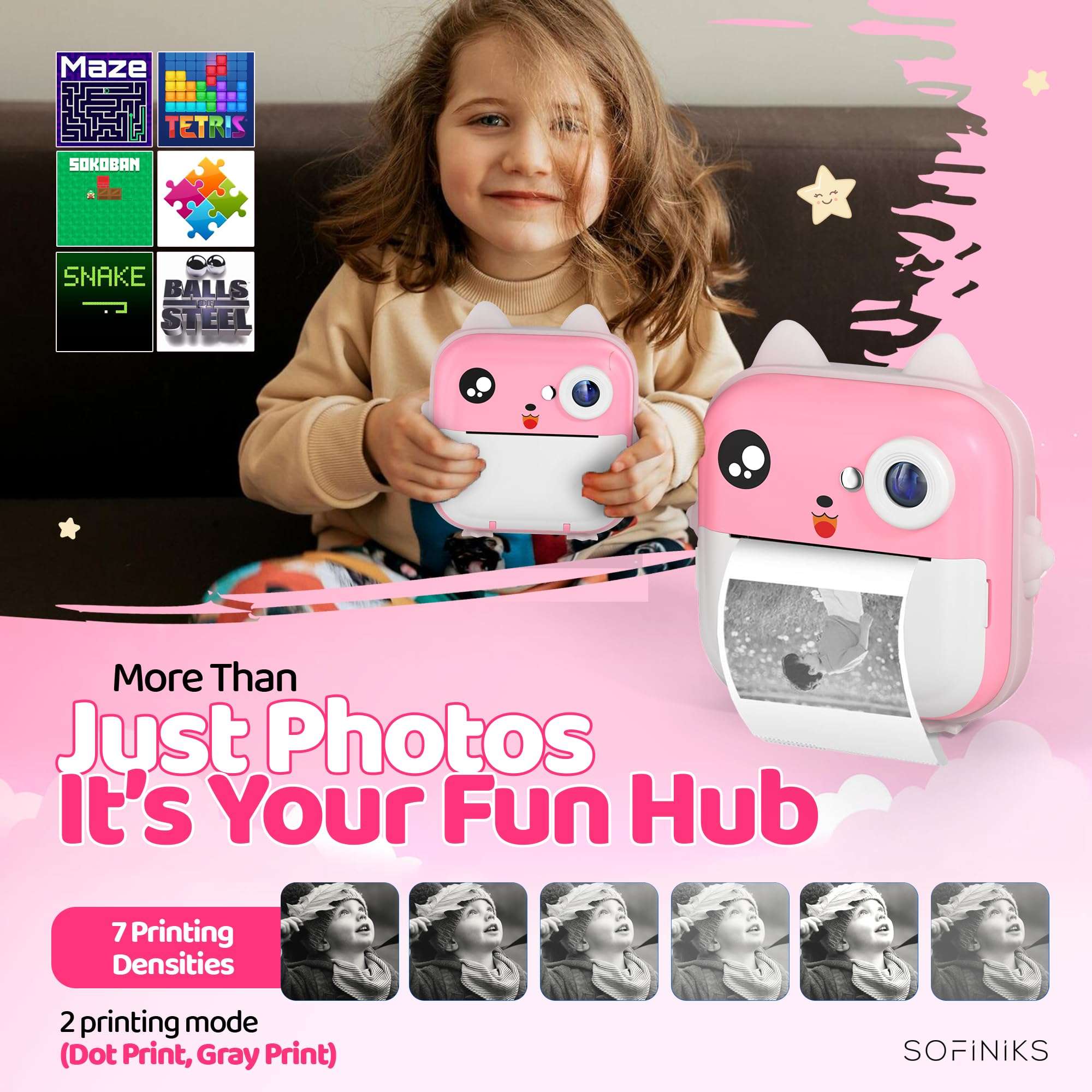 Instant Print Camera for Kids, Christmas Birthday Gifts for Girls Boys, HD Digital Video Cameras for Toddler, Portable Toy for 4 5 6 7 8 9 10 Year Old Girl with 64GB SD Card-Pink 6