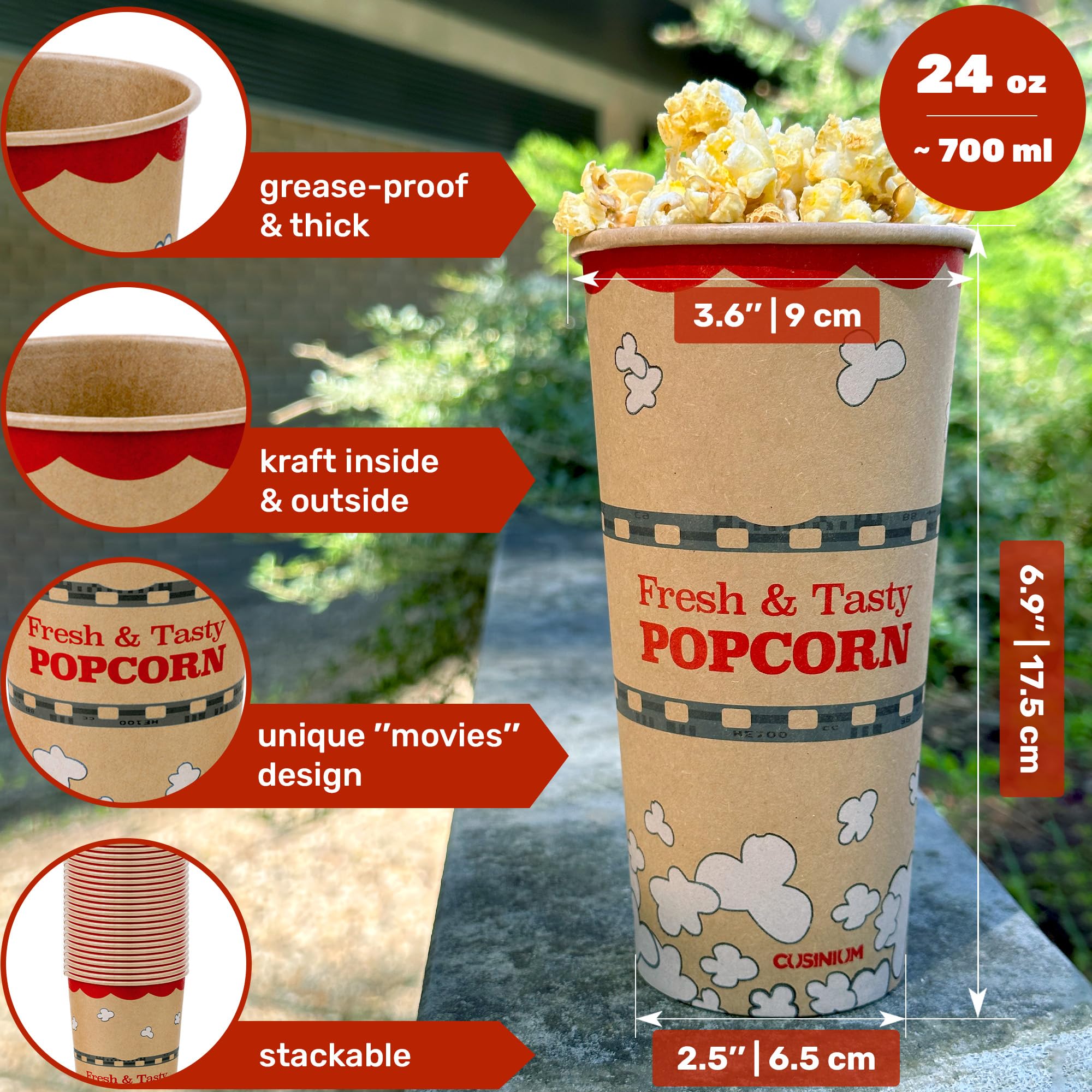 [50-pcs] 24 oz Kraft Popcorn Buckets + [100-pcs] 1 oz Red Popcorn Bags (Carnival Theme, Customizable) Bundle 3