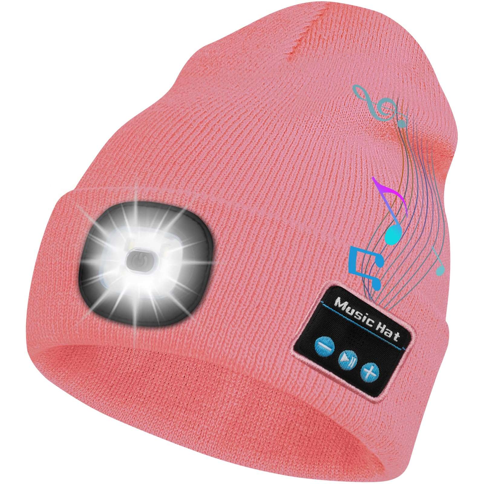 Bosttor Bluetooth Beanie Hat with Light, Headlamp Cap with Headphones and Built-in Speaker Mic, Gifts for Men Women Teen Pink 1