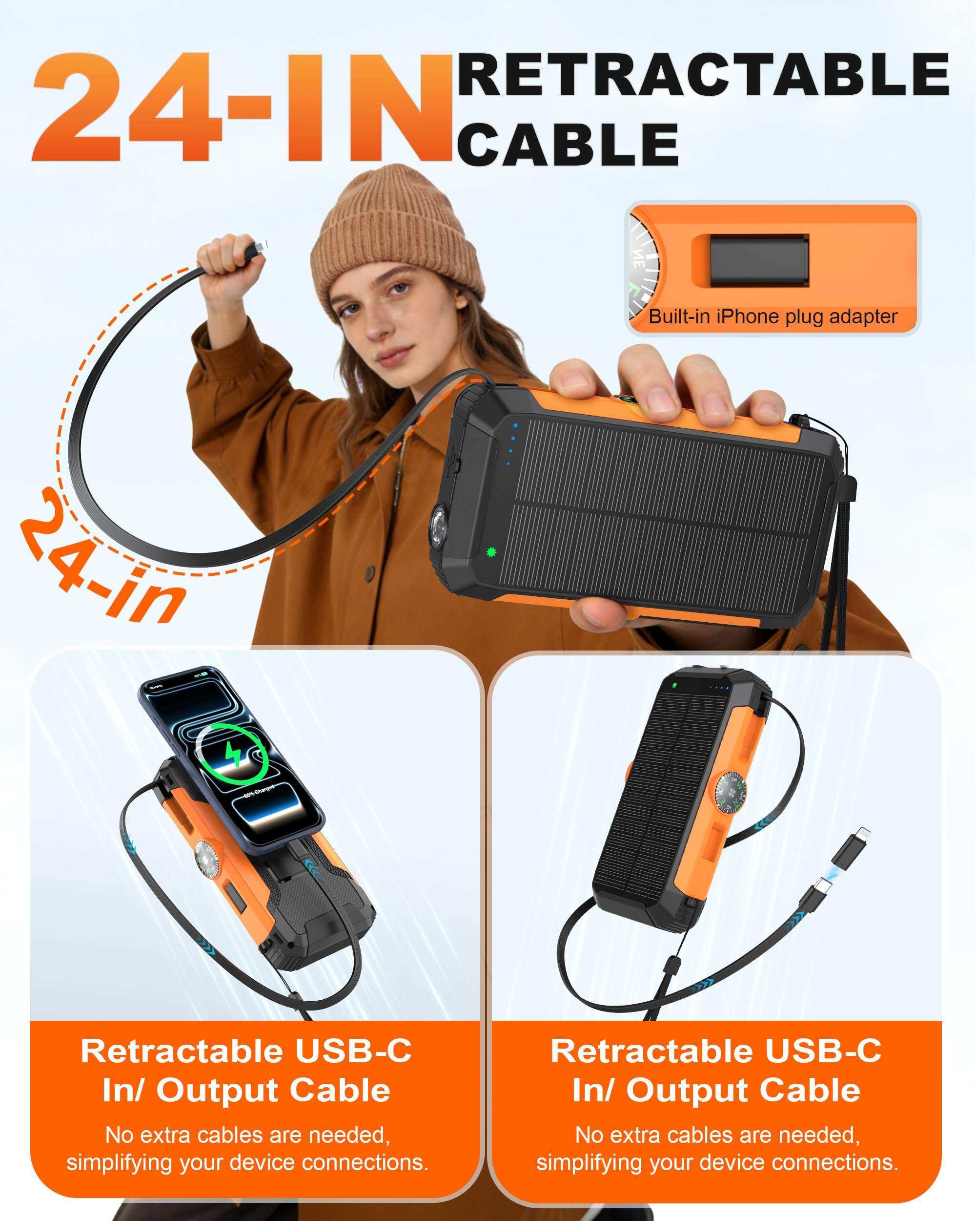 2 Pack, Solar Power Bank 20000mAh Wireless Portable Charger with Hand Crank and Retractable Cables +Solar Charger 49800mAh with USB C Input/Output/LED Flashlights Compatible with iPhone, Samsung, iPad 6