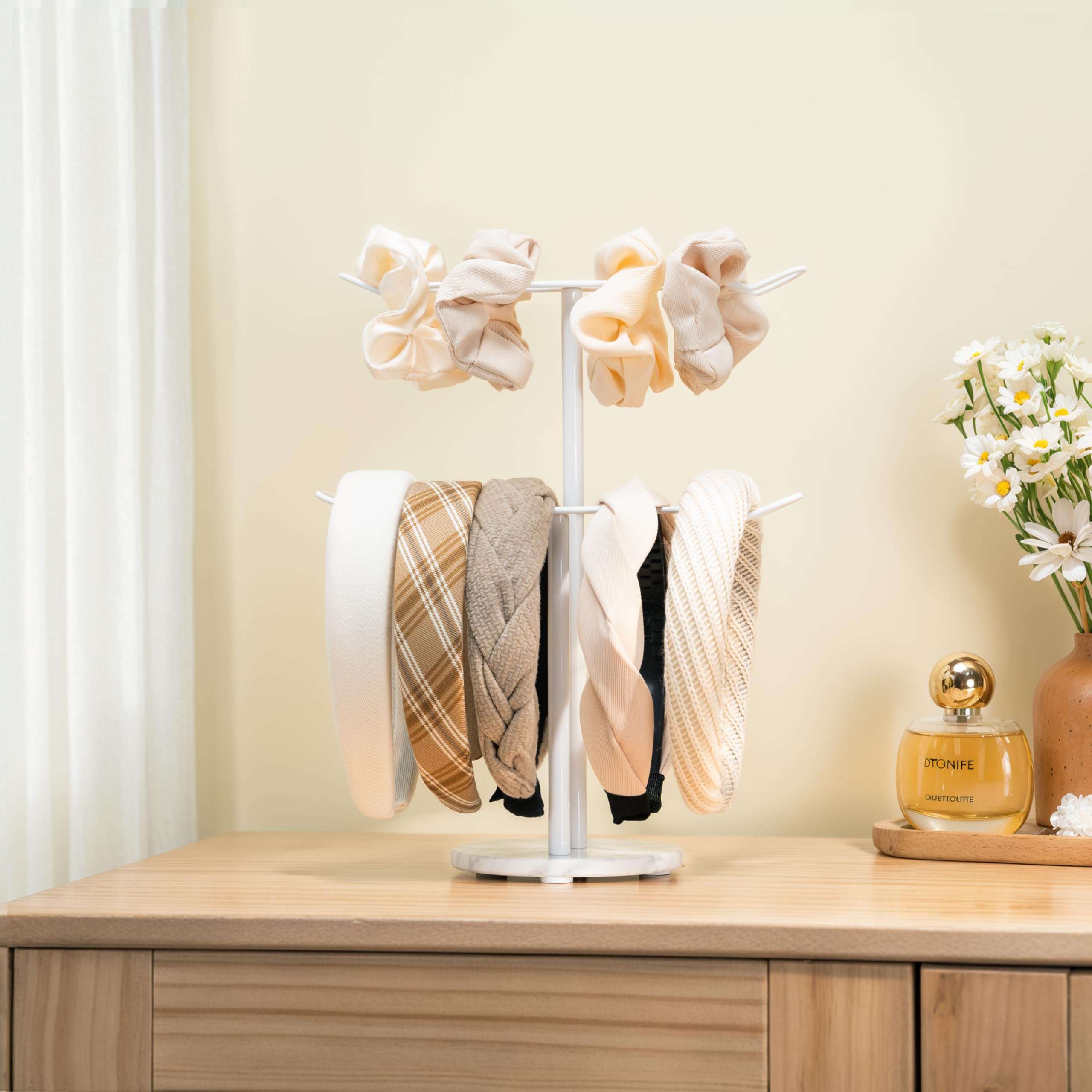 Josmimic White Headband Holder and Scrunchie Organizer: Hair Accessory Storage Stand with White Marble Base, Two-Tier Design for Bathroom, Vanity, or Dresser 5