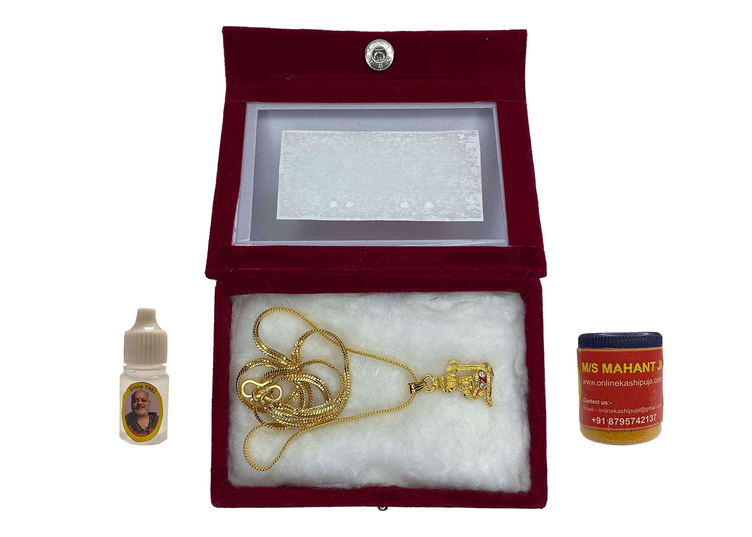 MAHANT JI Gold Plated And American Diamond Shivling Trishul Locket With Chain, Gangajal And Chandan From Kashi 3