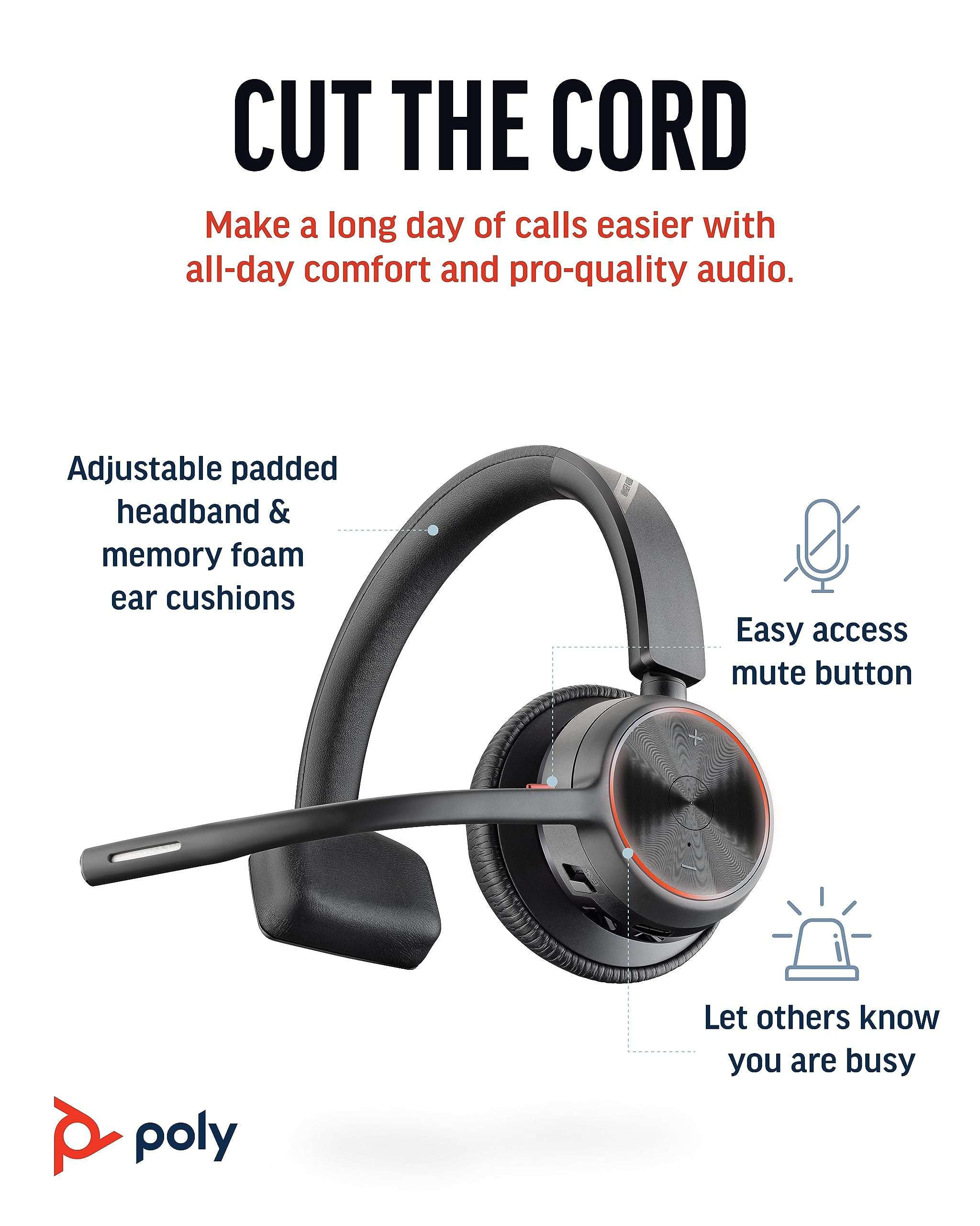 Poly Voyager 4310 UC Wireless Headset (Plantronics) - Single-Ear Bluetooth Headset w/Noise-Canceling Mic - Connect PC/Mac/Mobile via Bluetooth - Works w/Teams, Zoom, & More - Amazon Exclusive 2