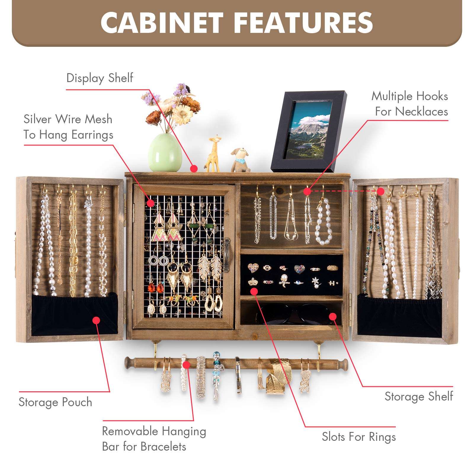 Sunix Rustic Wooden Jewelry Organizer Wall Mounted Holder with Removable Bracelet Rod and Hooks for Necklaces Earrings Bracelets Rings 4