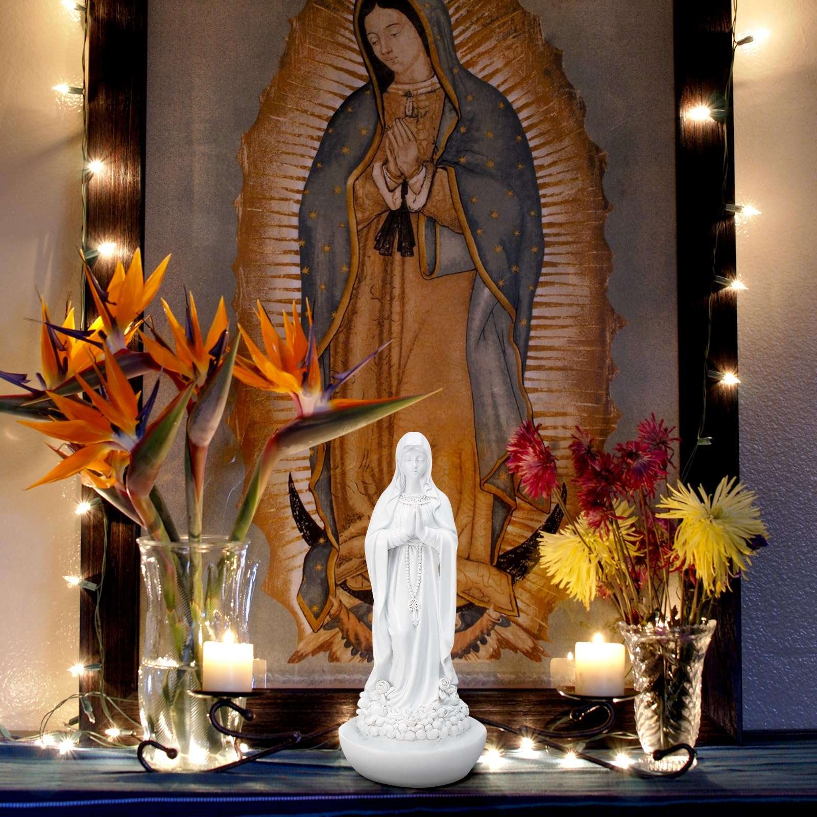 Wonderjune Our Lady of Lourdes Statue Figurine 8'' Bright Ivory Virgin Mary Statue Blessed Catholic Mother Mary Garden Statue Resin Stone Tabletop Rosary Holder Home Office Religious Gifts Decor 6