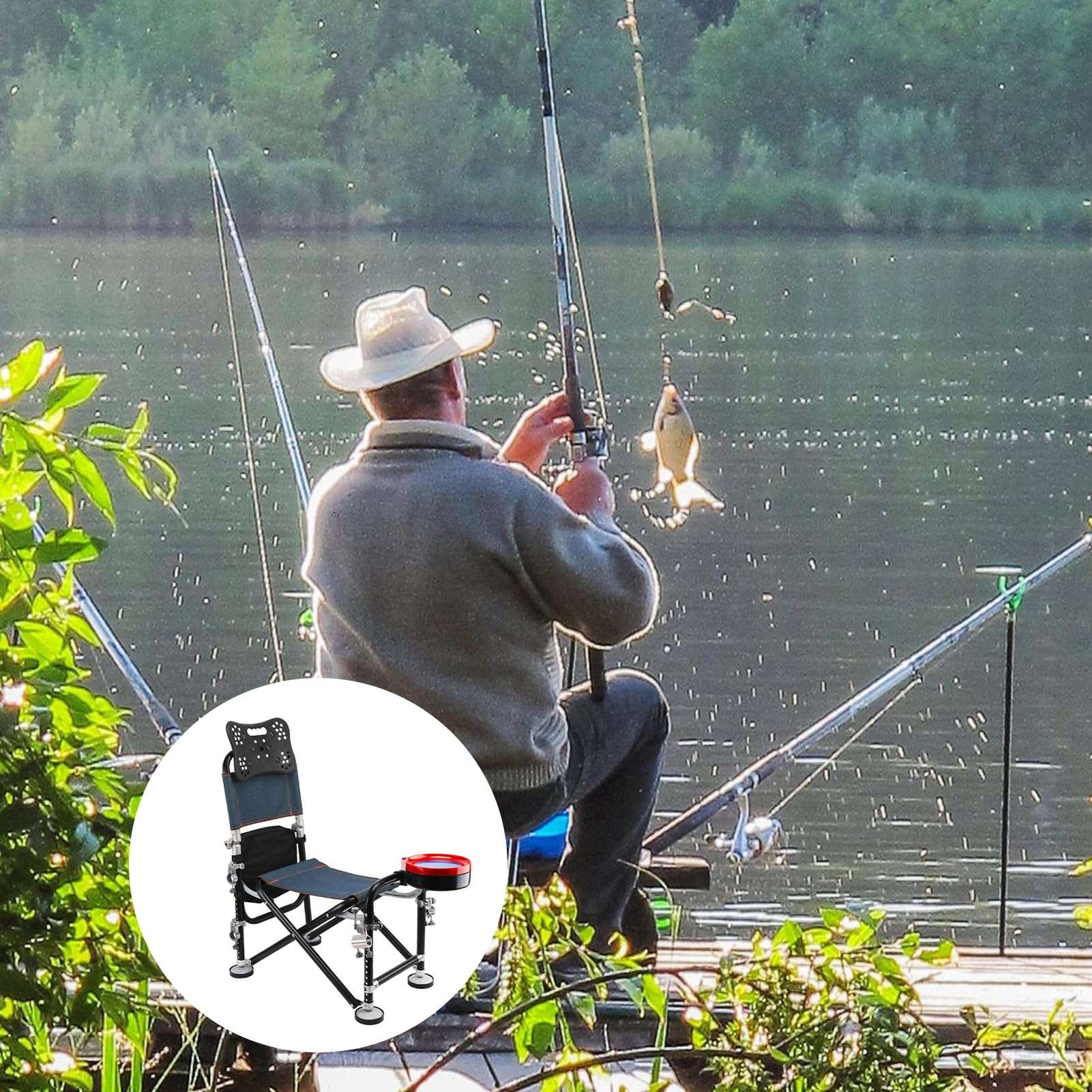 Fishing Chair, Portable Chair, Camping Chairs, 13 Gear Rise Fall 21cm Adjustment Fishing Chair with Backrest Rod Holder Folding Fishing Deck Chair Fisherman Gift (Black) 4