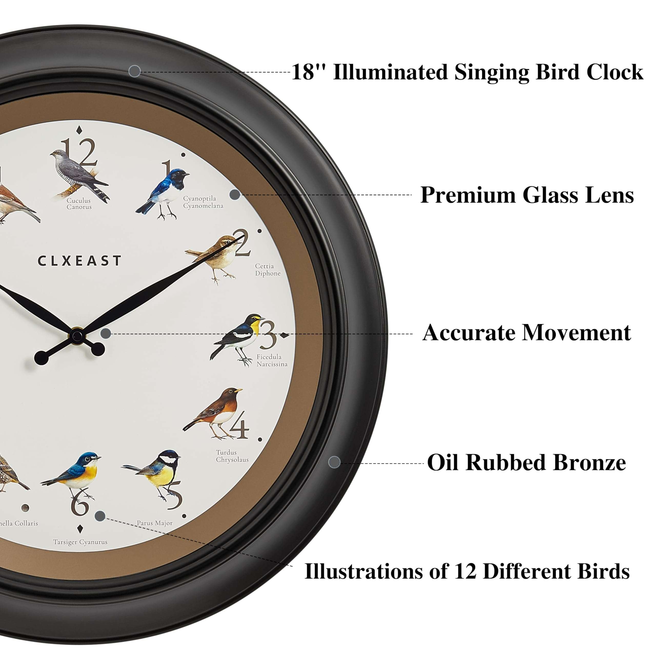 CLXEAST 30 Inch Large Oversized Roman Numeral Decorative Black Metal Wall Clock for Living Room Decor 18 Inch in/Outdoor Singing Bird Wall Clock,Auto Silent Night Mode 5
