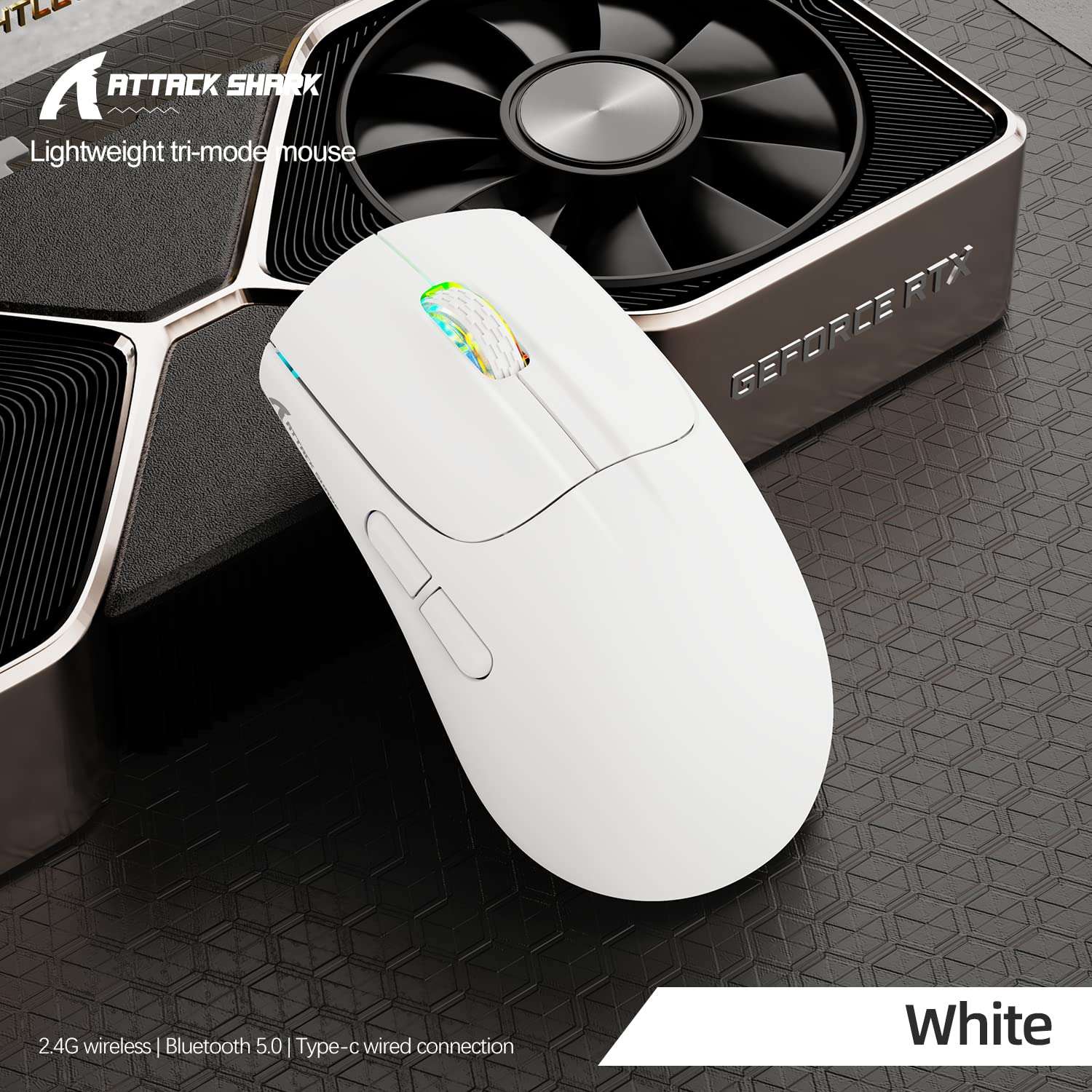 ATTACK SHARK X5 Wireless Gaming Mouse with Tri-Modes BT 5.1/2.4Ghz/USB-C,Lightweight 49g,PAW3212 Optical Sensor,Rechargeable Battery,RGB LED Honeycomb Mice for PC Games-White 2