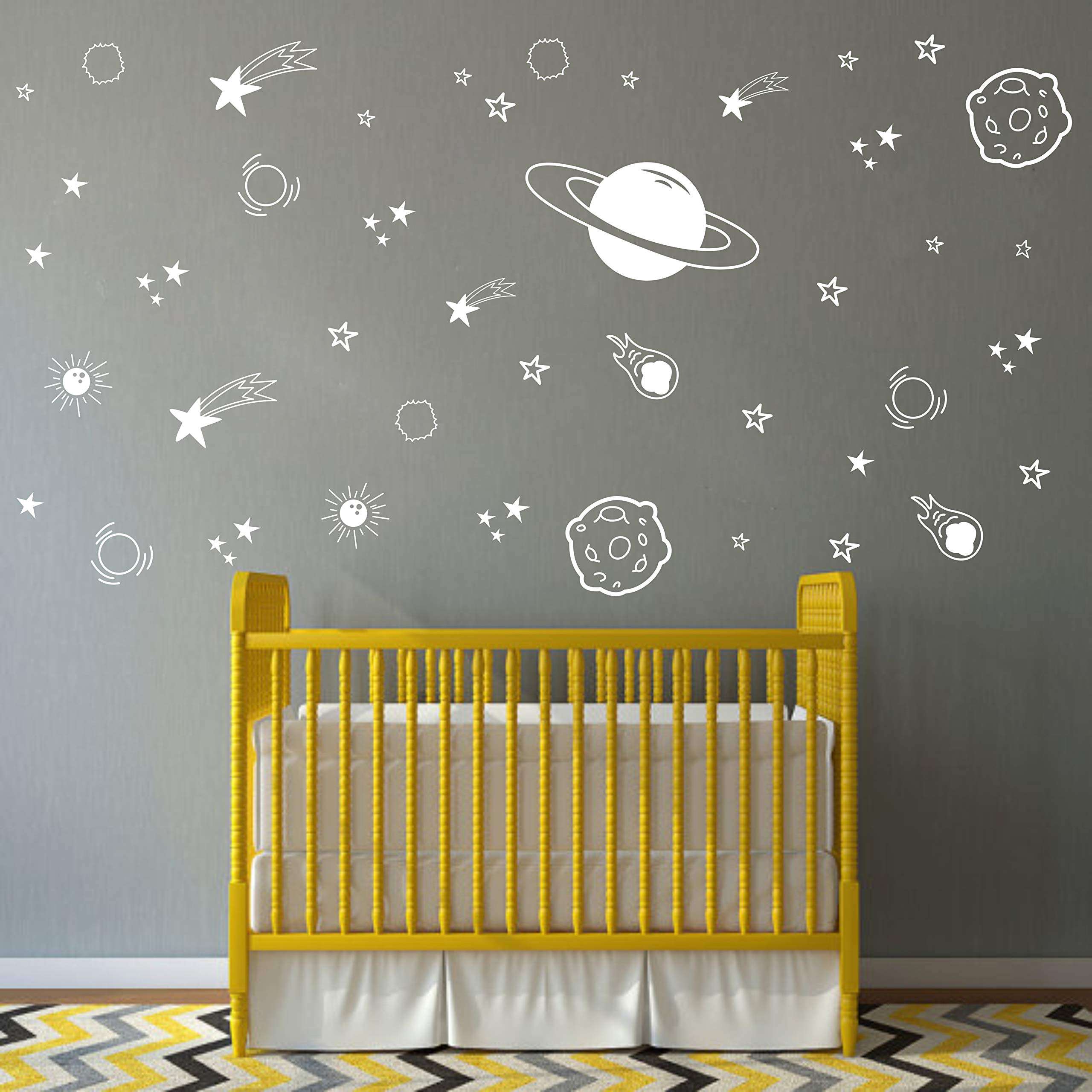 Planet Wall Decal, Boys Room Decor, Outer Space Wall Decals, Star Wall Stickers, Vinyl Wall Decals for Children Baby Kids Boys Bedroom, Nursery Decor(Y04) (White) 3