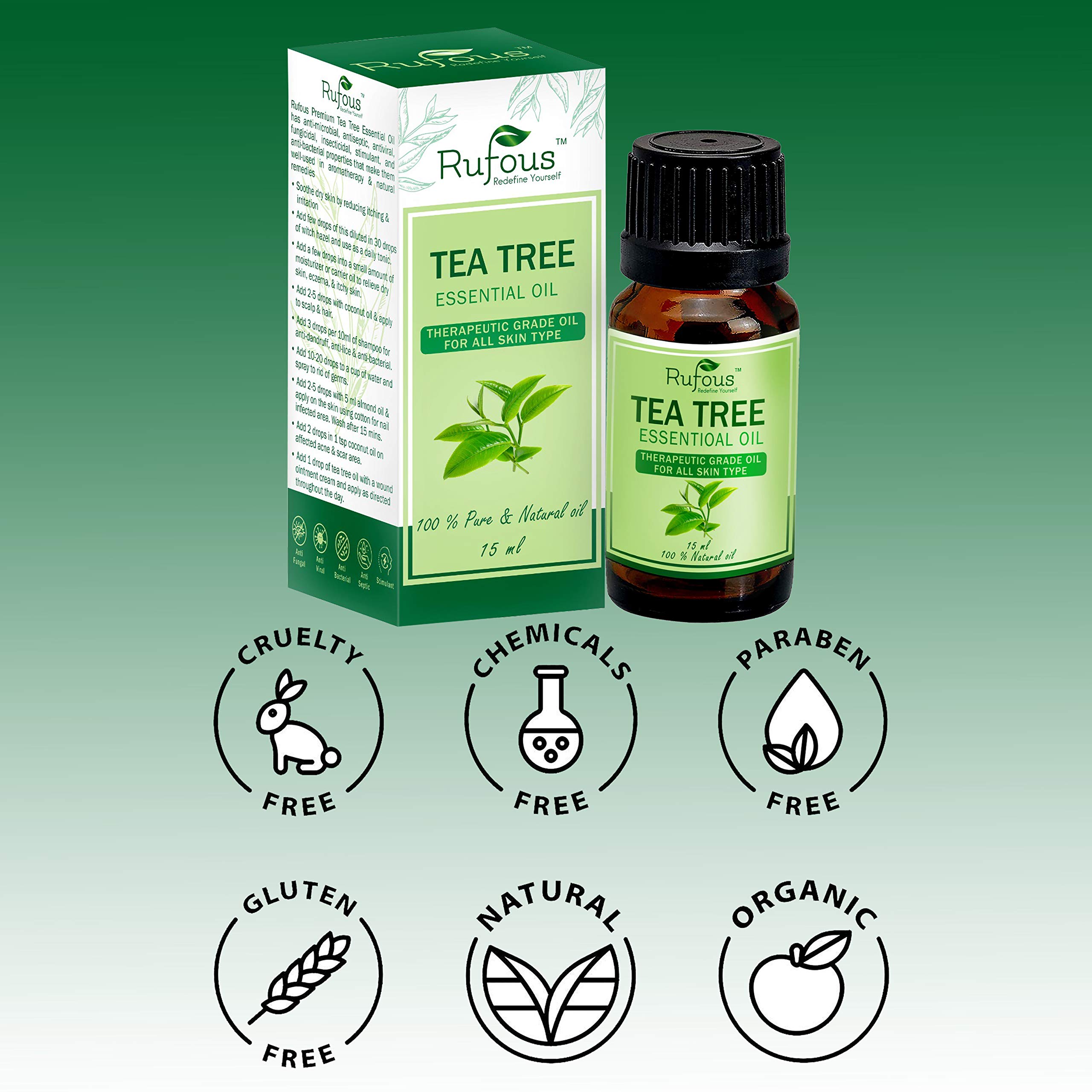 Rufous® Pure Tea Tree Oil For Aromatherapy - Tea Tree Essential Oil For Skin, Face, Hair, Pimples, And Acne Care - 100% Organic Remedy for Anti Dandruff, Stress, And More - 15ml 4