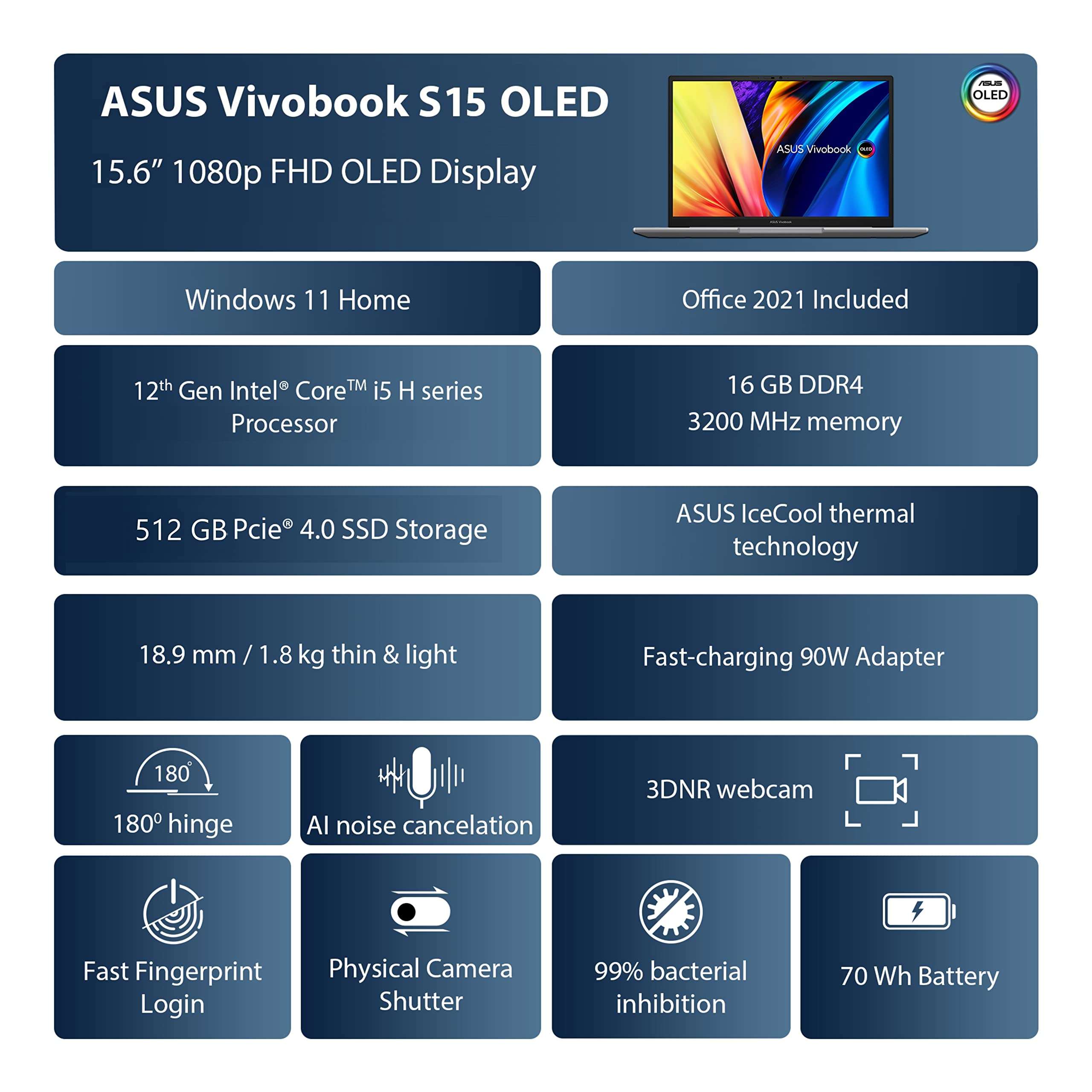 ASUS Vivobook S15 OLED (2022) 15.6" (39.62 cms) FHD OLED, Intel Core i5-12500H 12th Gen, Thin and Light Laptop (16GB/512GB SSD/Iris Xe Graphics/Windows 11/Office 2021/Green/1.8 kg) K3502ZA-L503WS 2