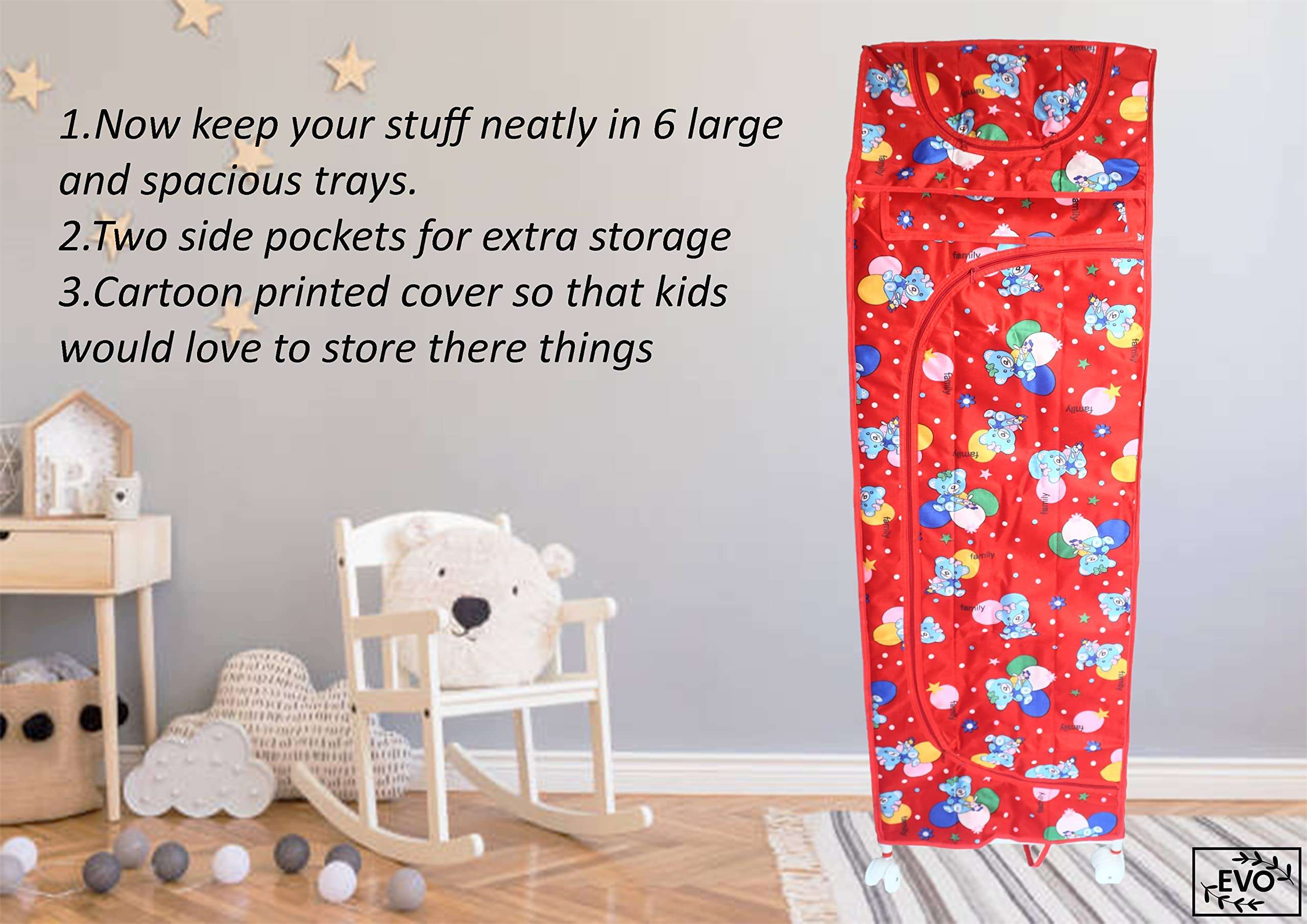 Evoshine® Colorful Design Cotton 6 Cabinet Hanging Baby Almirah, Kids Wardrobe, Cloth Organizer, Folding Almirah, Toy Box (Red) 3