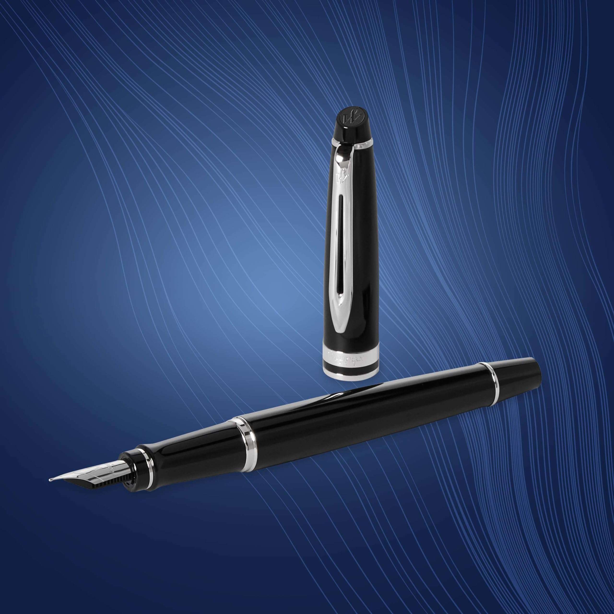 Waterman Expert Fountain Pen, Gloss Black with Chrome Trim, Medium Nib with Blue Ink Cartridge, Gift Box 6