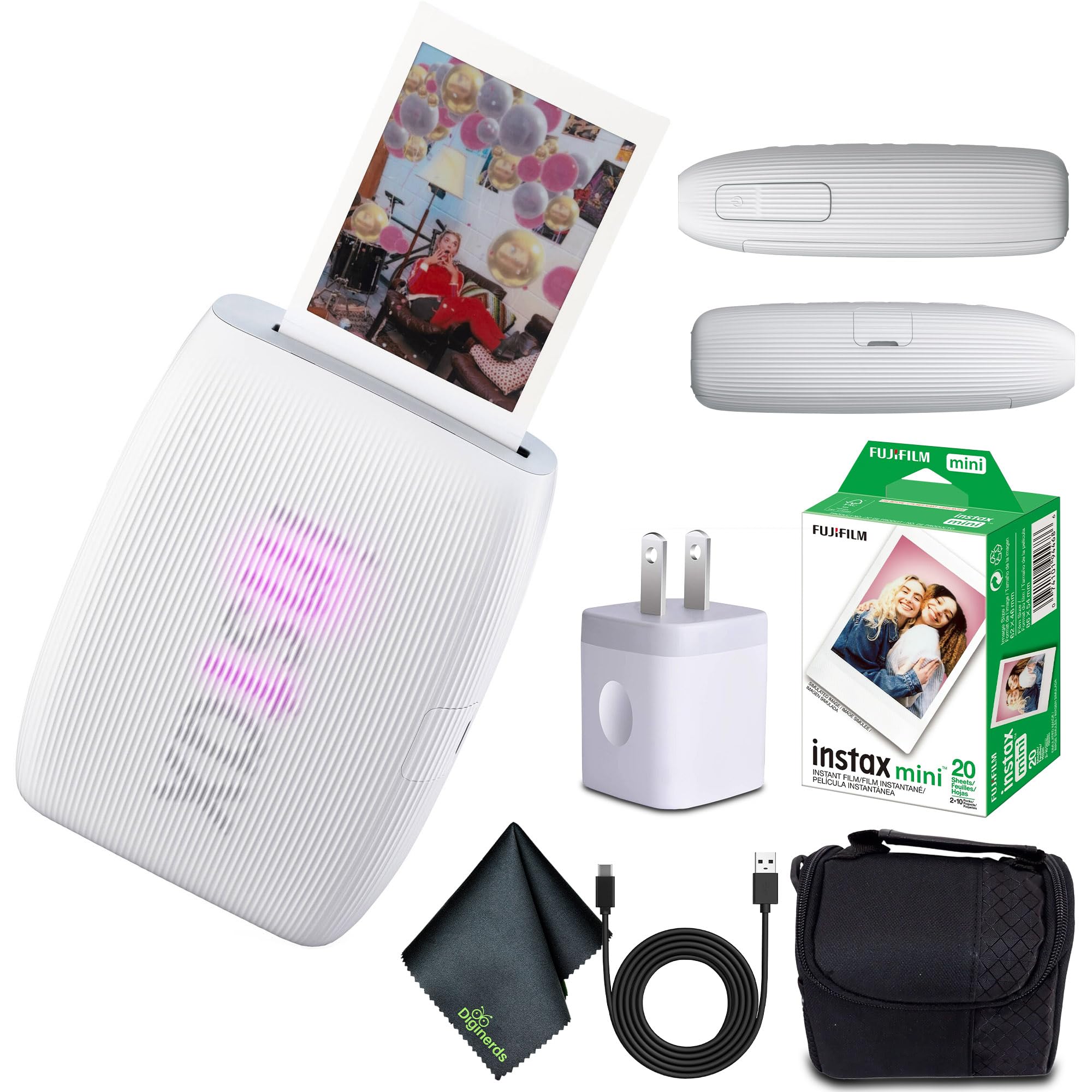Fujifilm INSTAX Mini Link 3 Smartphone Printer (Clay White) + Travel Bag Small INSTAX Mini Instant Film (20 Sheets) + USB Power Charging Adapter + Diginerds Microfiber Cleaning Cloth