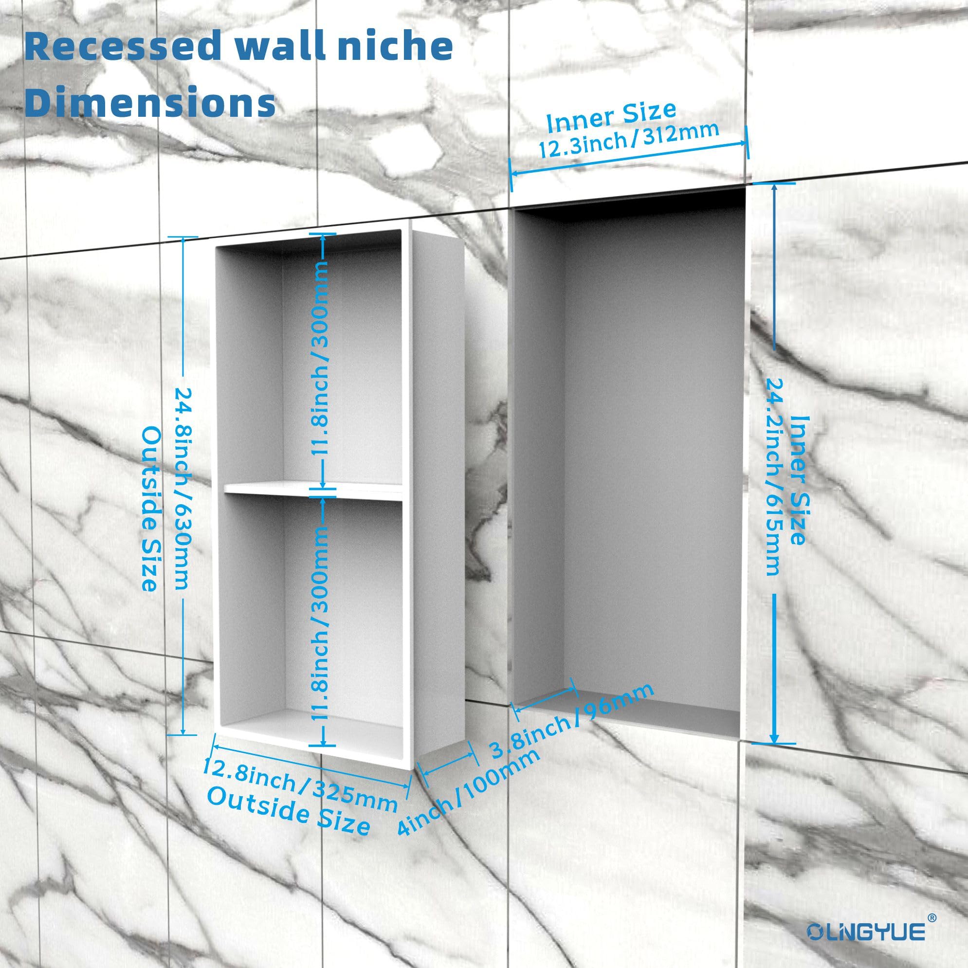 OLNGYUE Bathroom Shower Niche Stainless Steel: No Tile Needed Double Layer - 12"x24" Recessed Wall Niches Shelves for House Decoration - Matte White 6